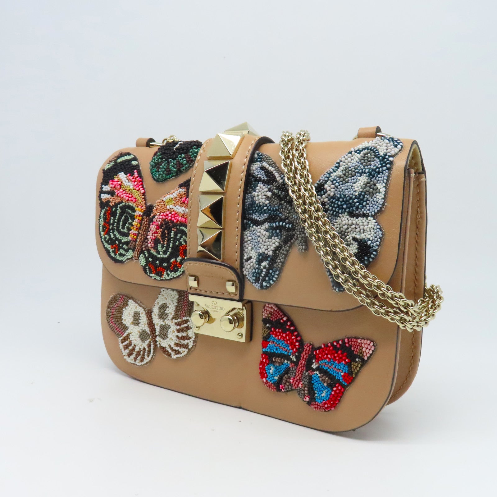 Valentino 牛皮皮革Embroidered Small Glam Lock金扣鏈帶肩背袋米色