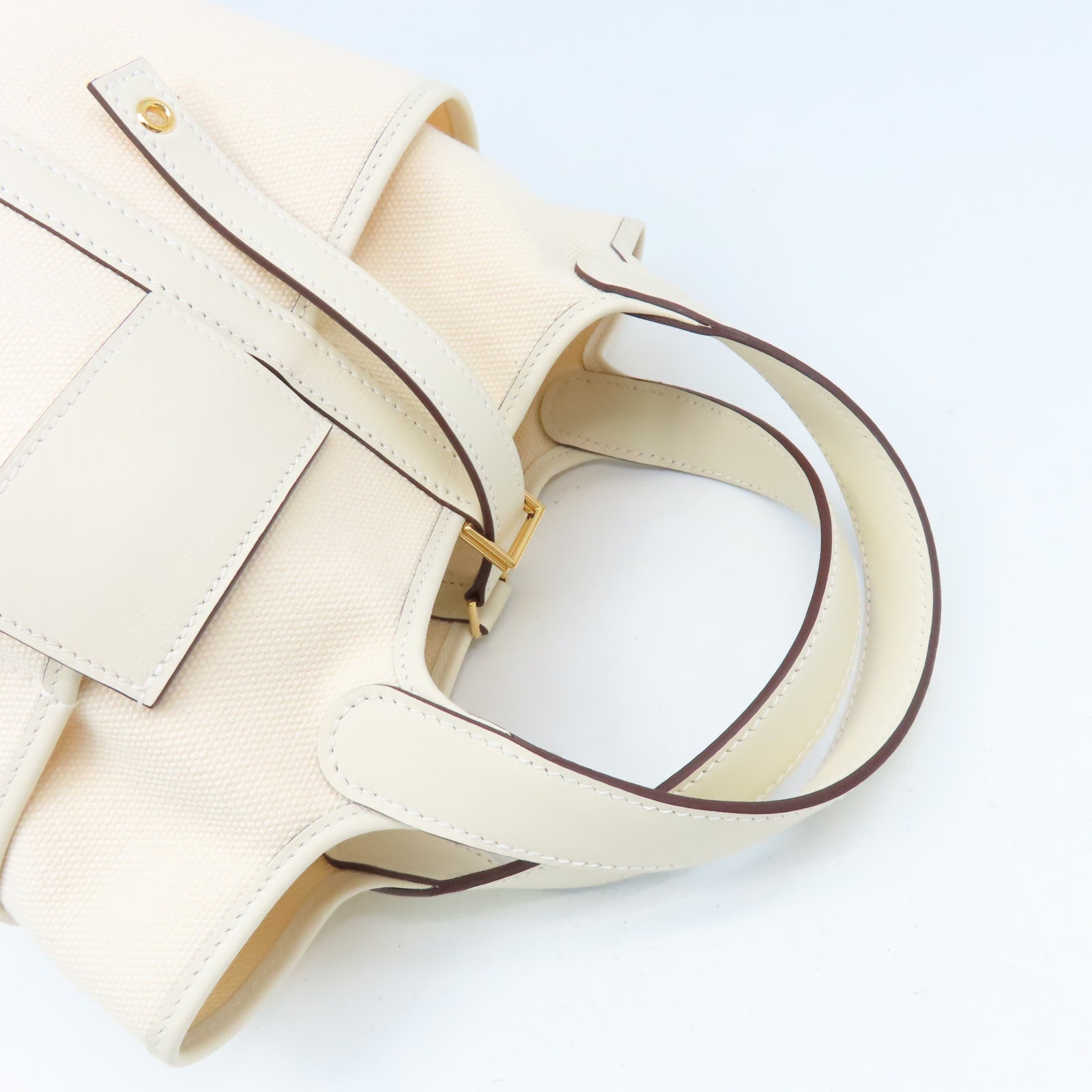 HERMES Swift皮革/Toile Geoland帆布Picotin Cargo Handbag金扣手挽袋Ecru/Nata奶油白色