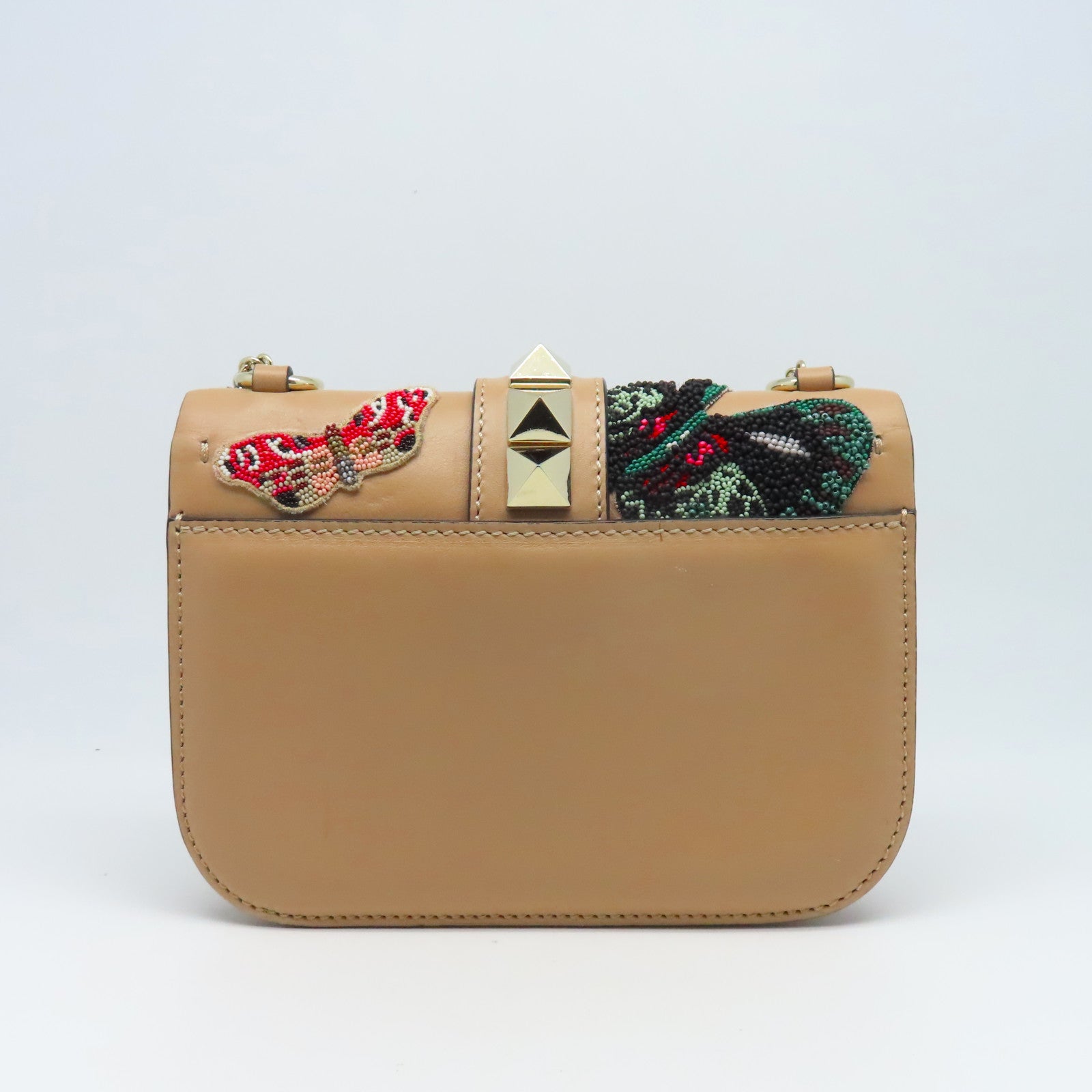 Valentino 牛皮皮革Embroidered Small Glam Lock金扣鏈帶肩背袋米色