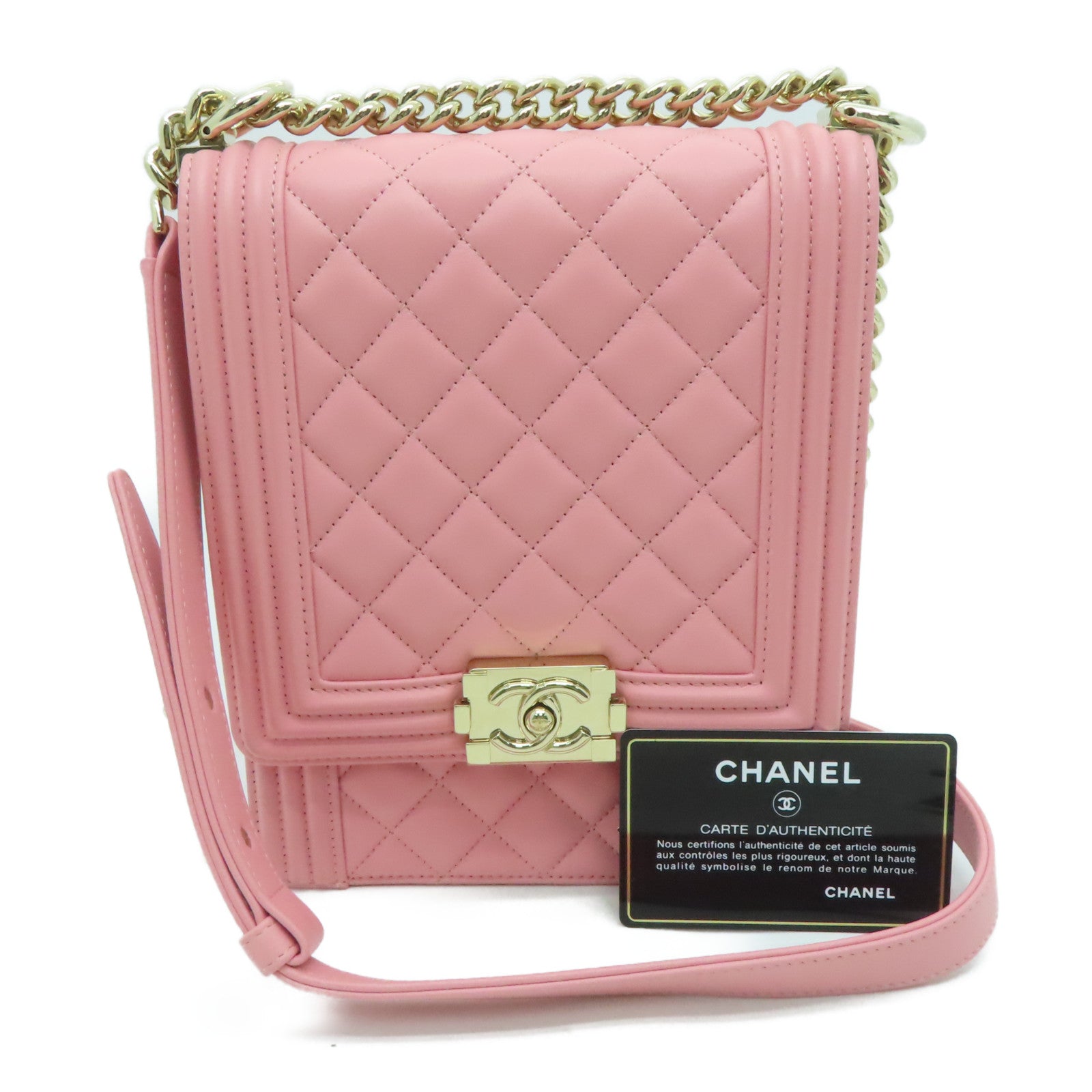 CHANEL 牛皮皮革Boy Chanel金扣肩背袋粉红色