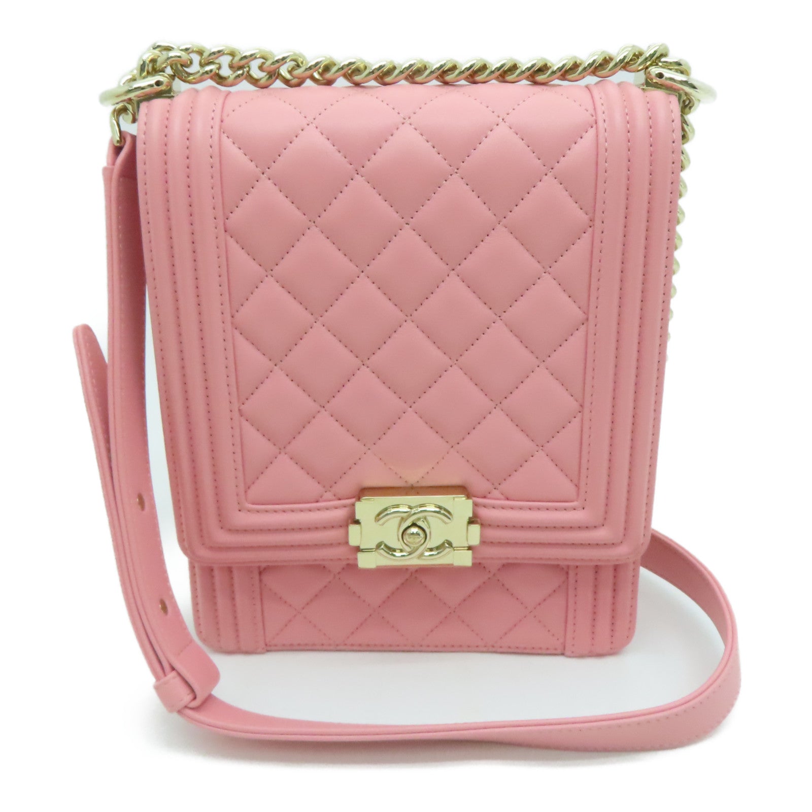 CHANEL 牛皮皮革Boy Chanel金扣肩背袋粉红色