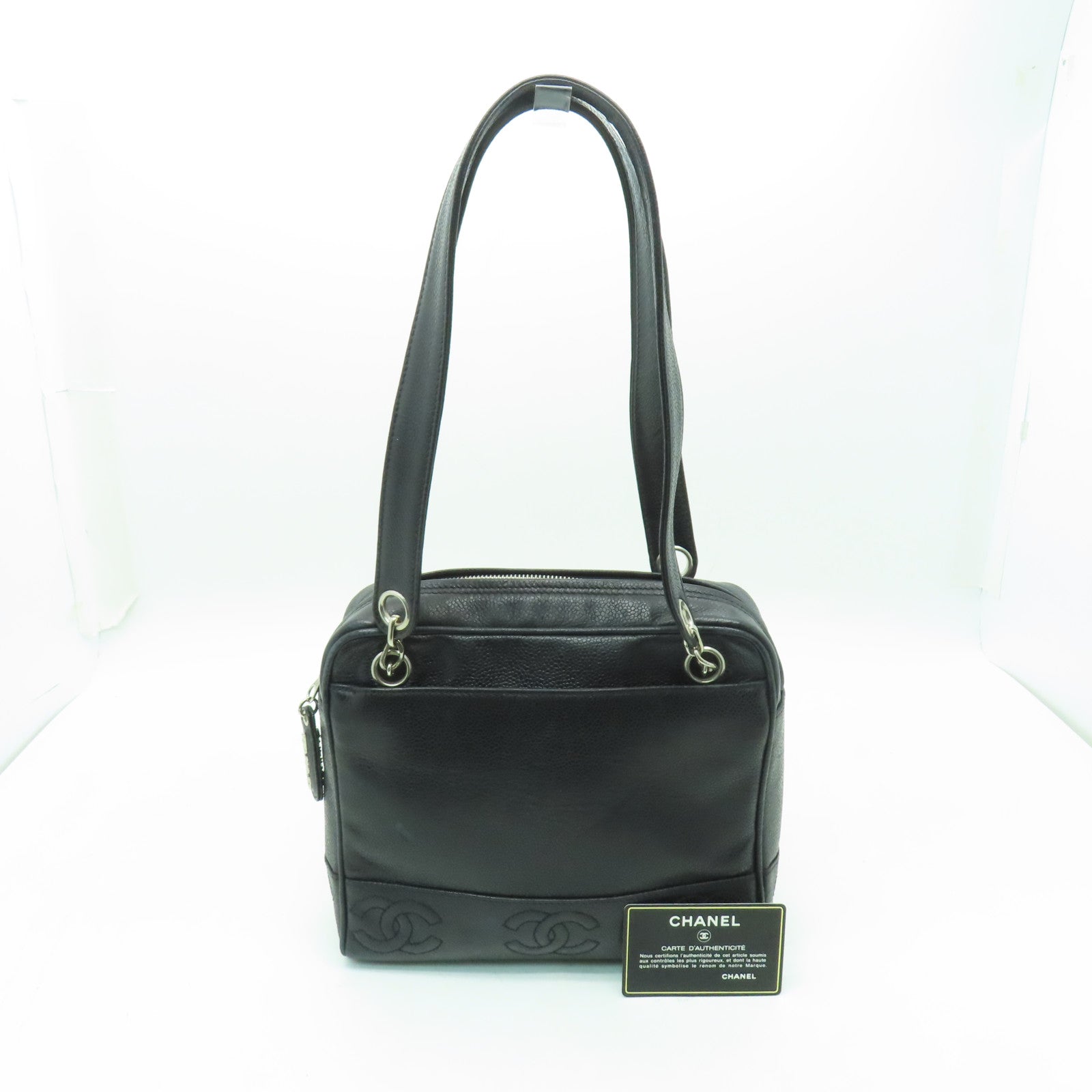 CHANEL Caviar皮革Shoulder Bag銀扣肩背袋黑色