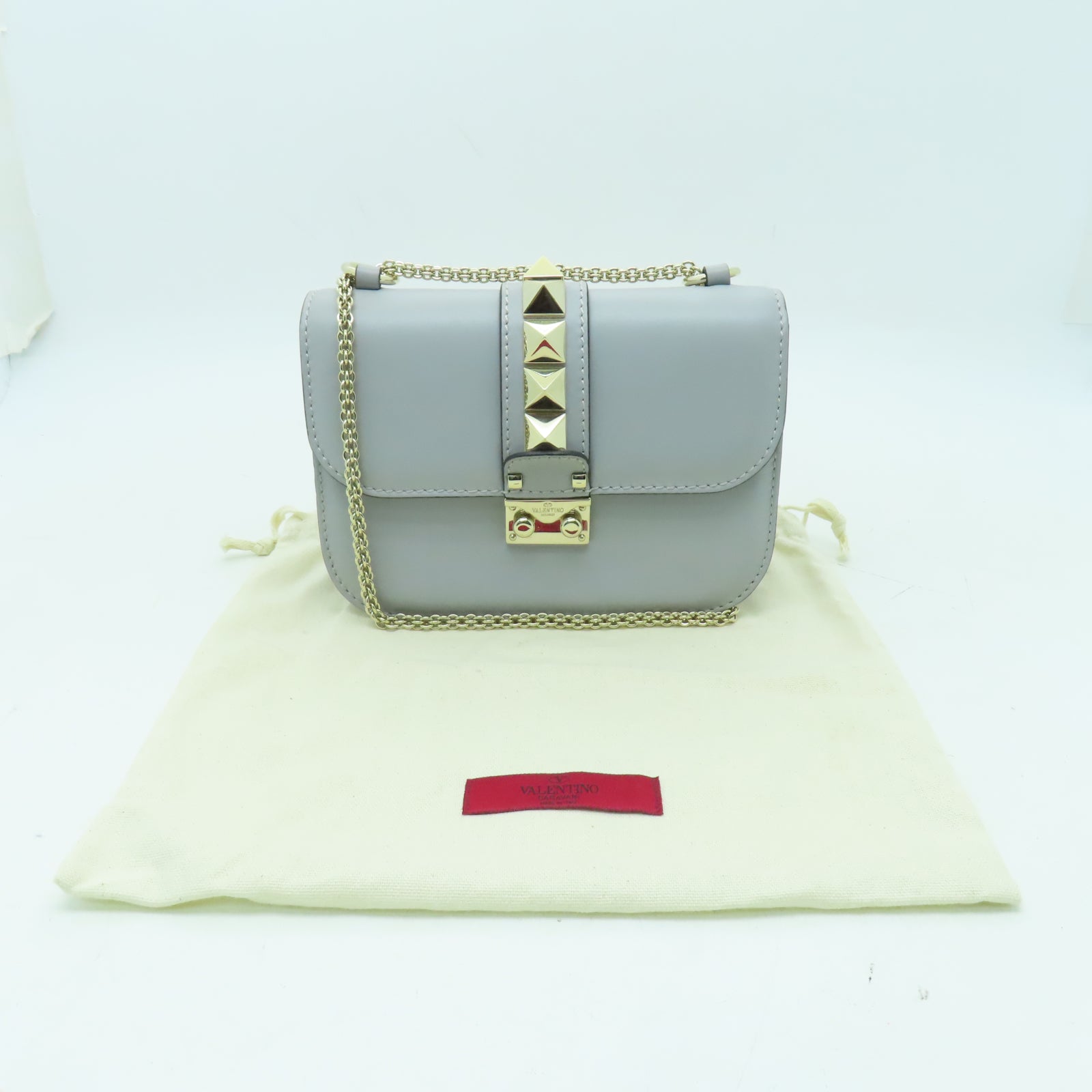Valentino 牛皮皮革Shoulder Bag金扣肩背袋灰色