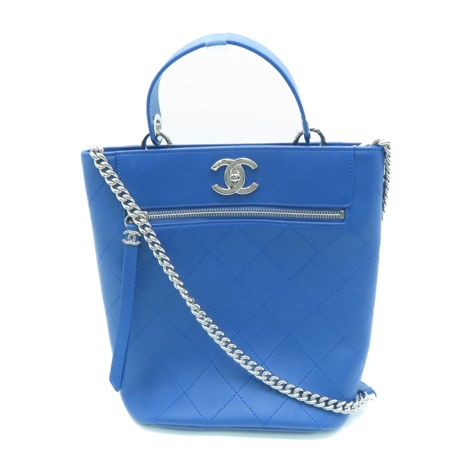 CHANEL 菱格牛皮皮革Chain Shoulder银扣链带手挽肩背两用袋蓝色