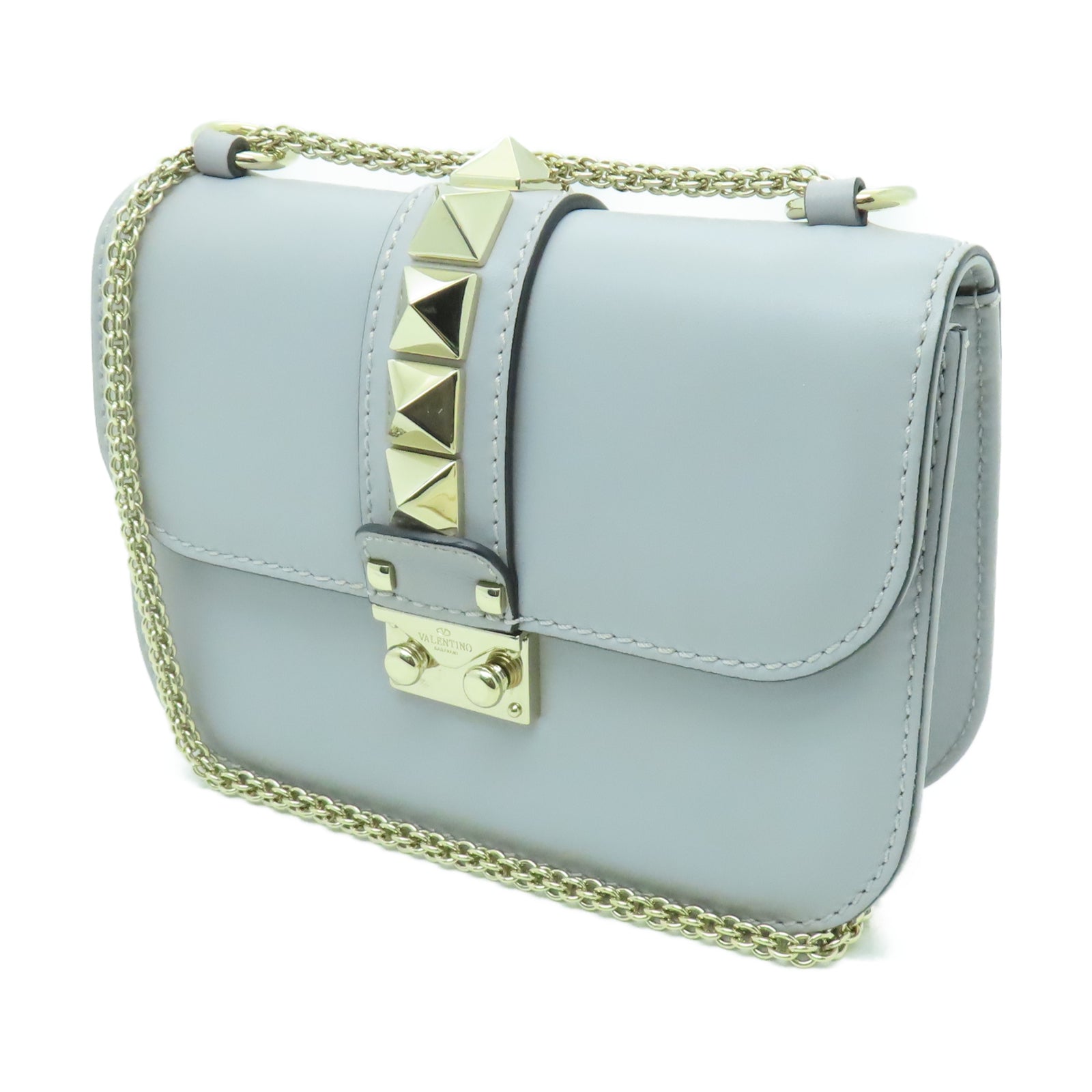 Valentino 牛皮皮革Shoulder Bag金扣肩背袋灰色