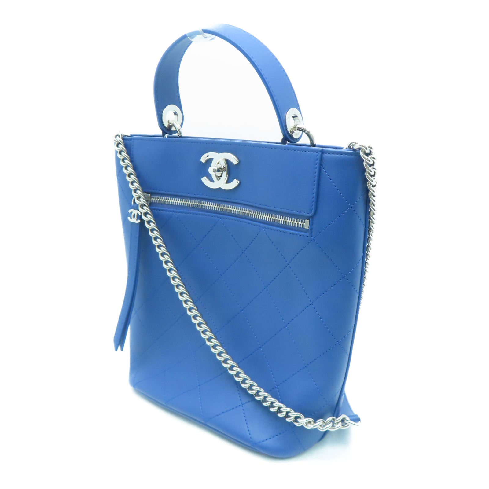CHANEL 菱格牛皮皮革Chain Shoulder银扣链带手挽肩背两用袋蓝色