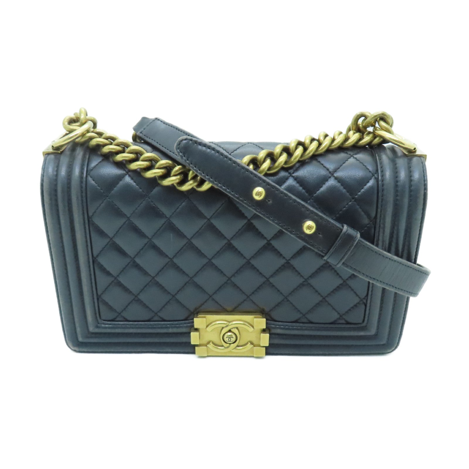 CHANEL 菱格羊皮皮革Boy Chanel 25金扣鏈帶肩背袋黑色