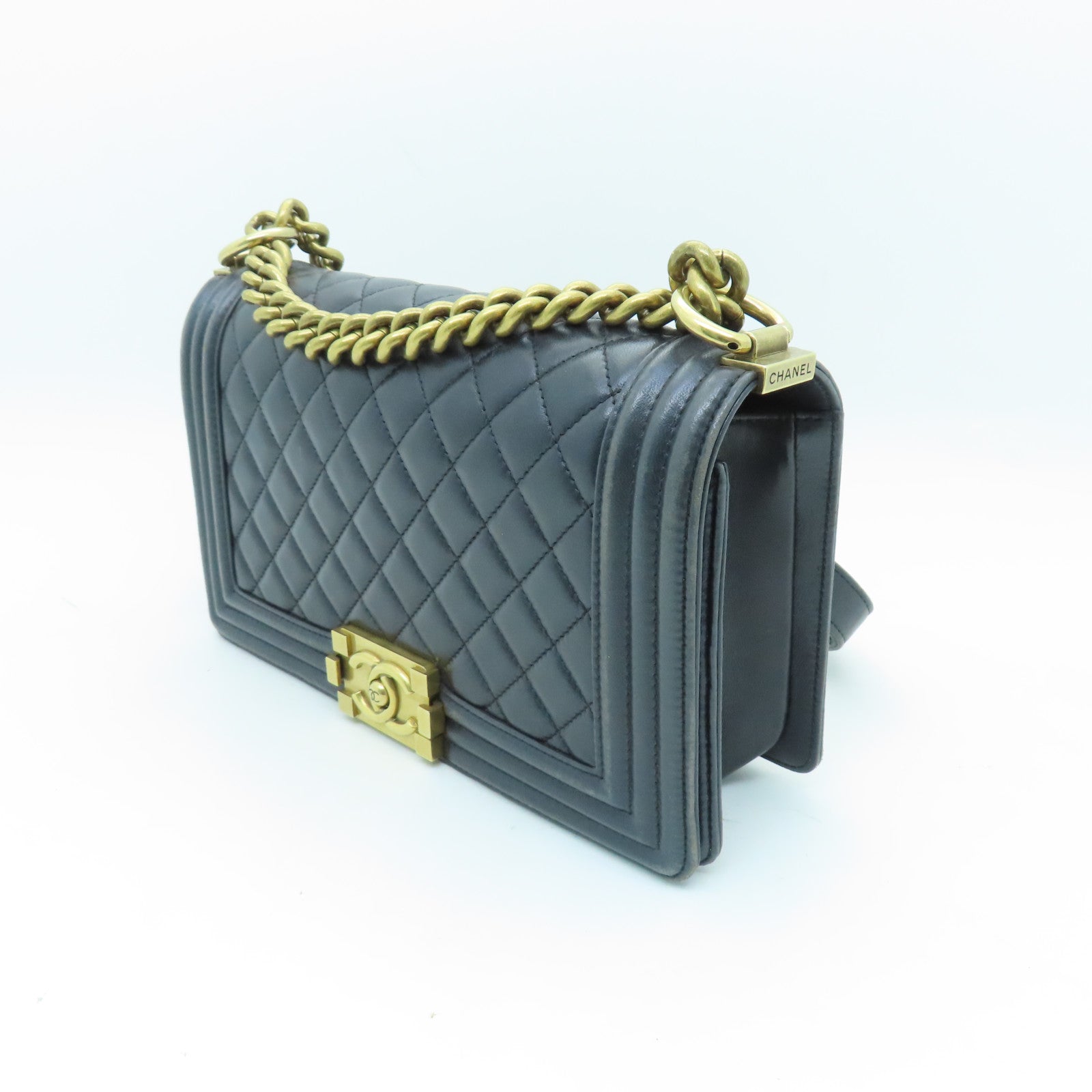 CHANEL 菱格羊皮皮革Boy Chanel 25金扣鏈帶肩背袋黑色