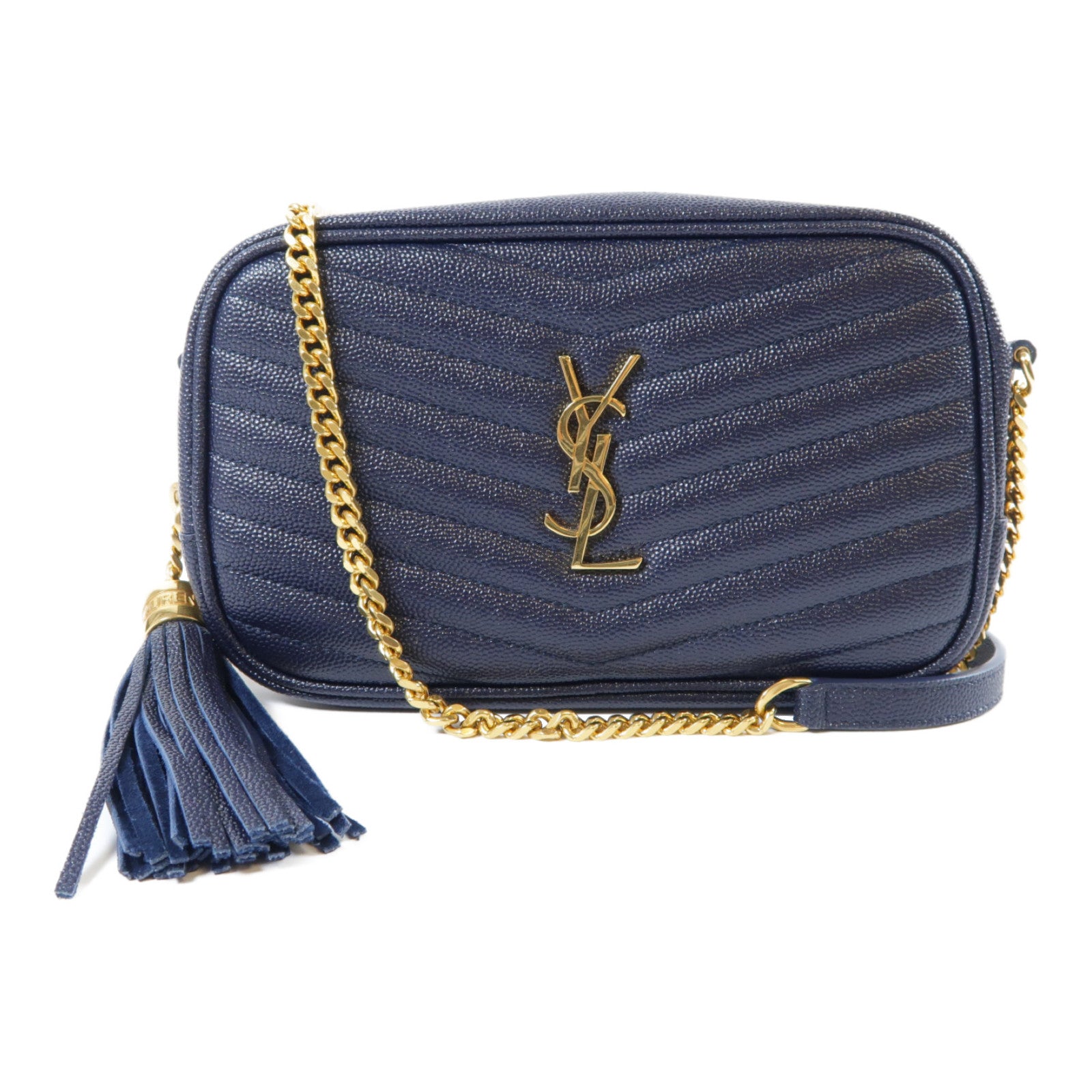 SAINT LAURENT 斜紋牛皮皮革Lou Mini金扣鏈帶肩背袋深藍色