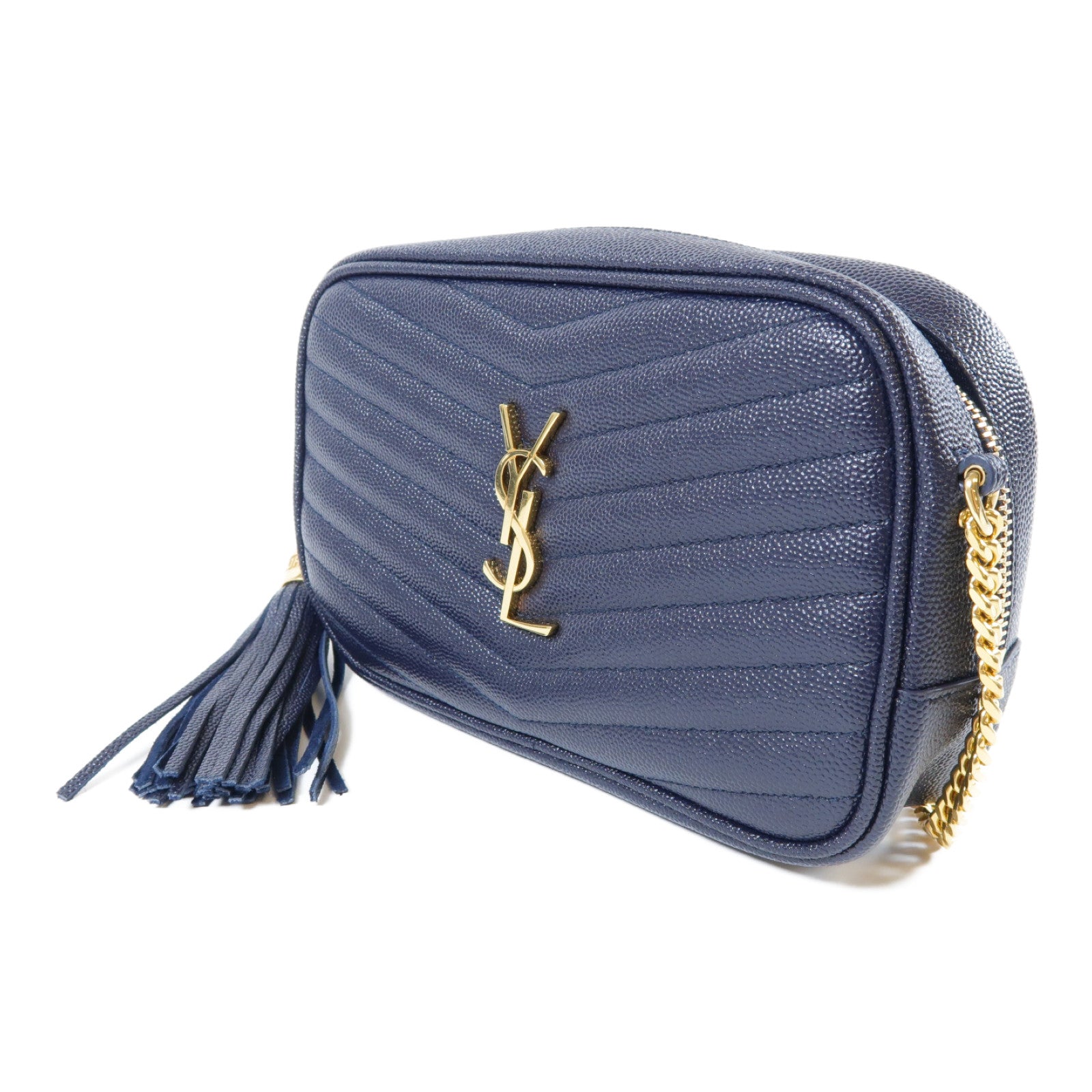 SAINT LAURENT 斜紋牛皮皮革Lou Mini金扣鏈帶肩背袋深藍色