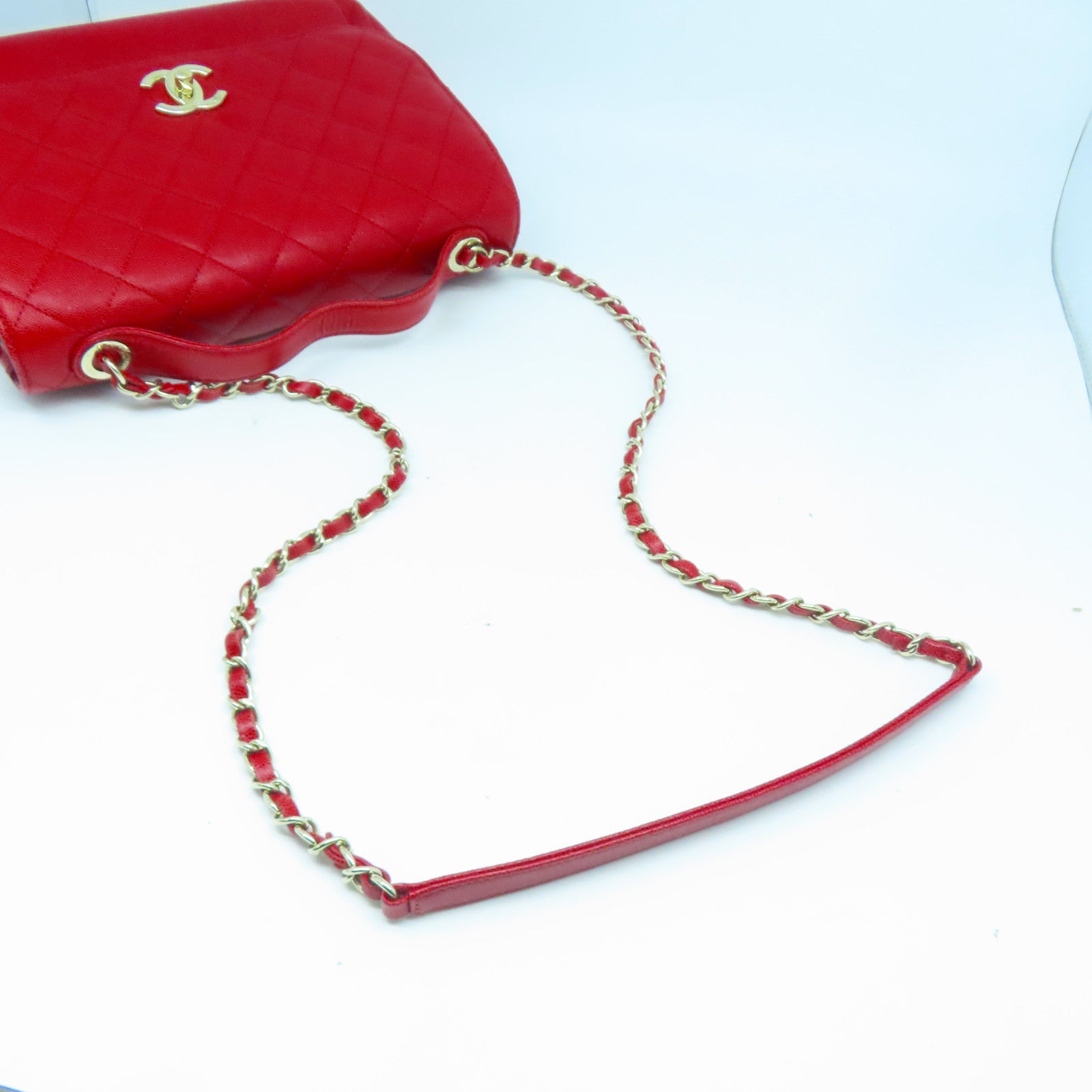 CHANEL Caviar皮革Chain Shoulder金扣鏈帶肩背袋紅色