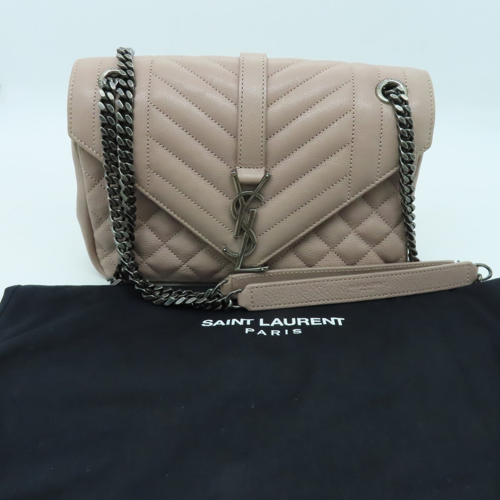 SAINT LAURENT 牛皮皮革Shoulder Bag銀扣手挽肩背兩用袋粉紅色