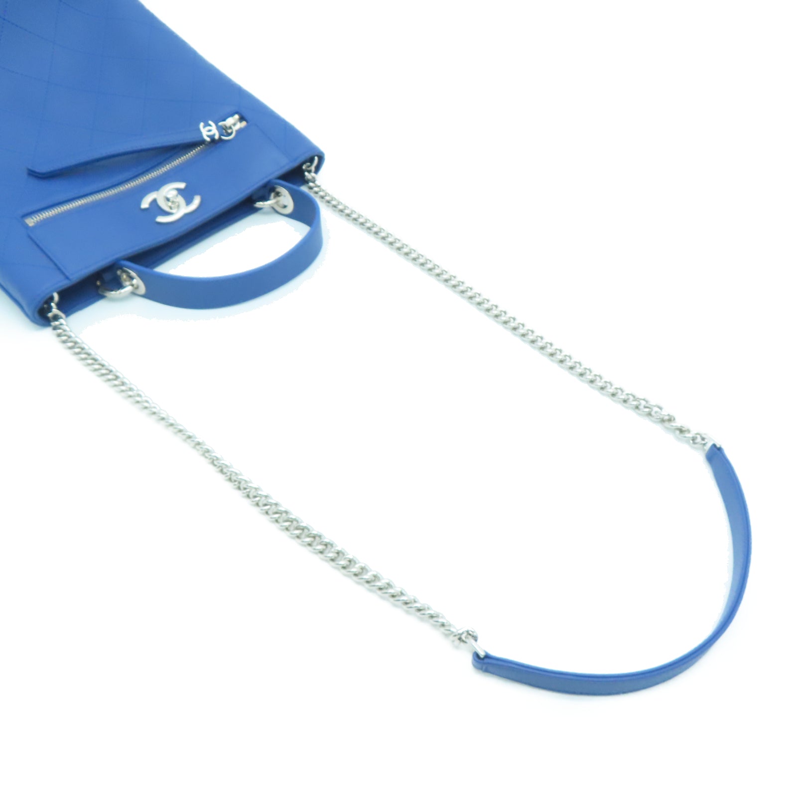 CHANEL 菱格牛皮皮革Chain Shoulder银扣链带手挽肩背两用袋蓝色