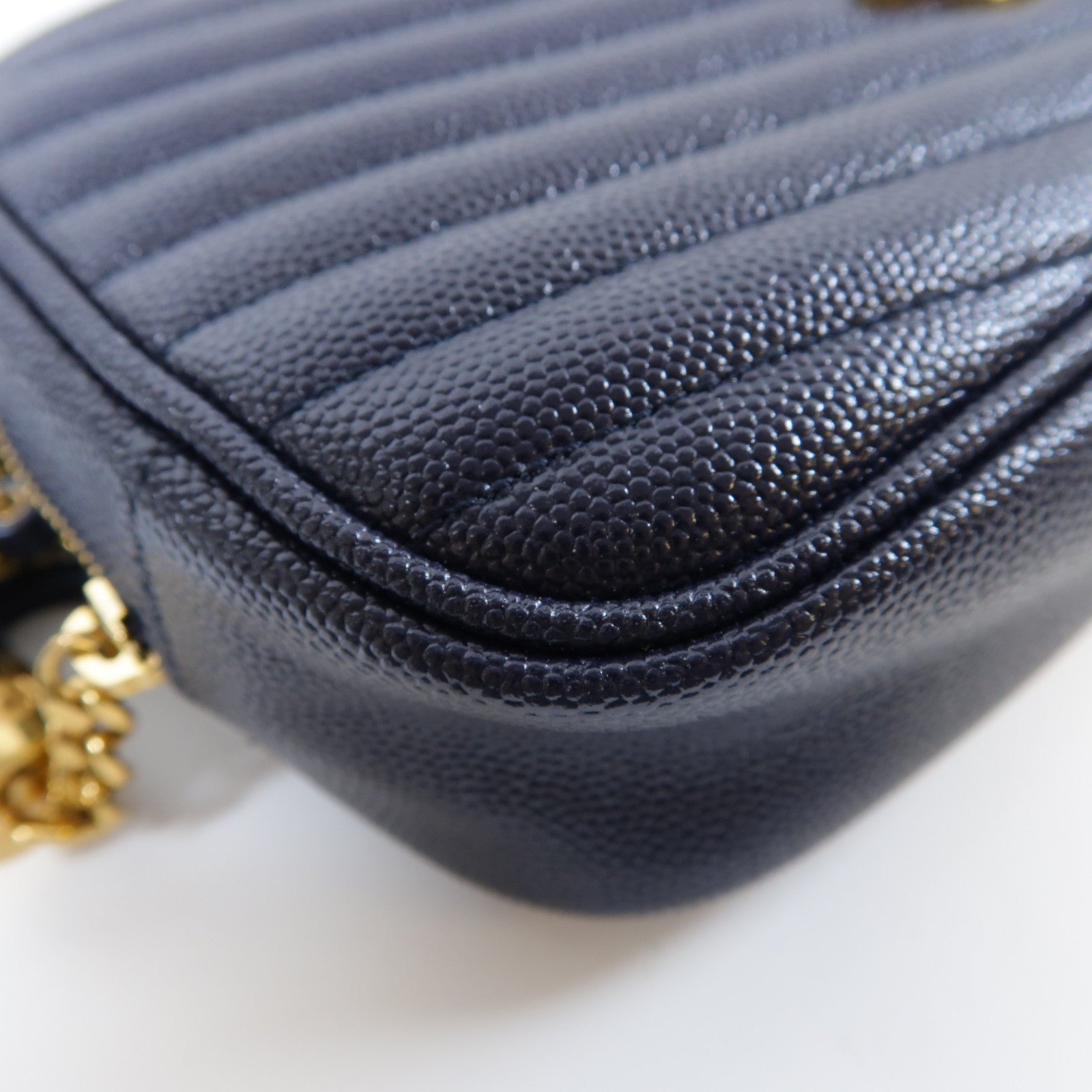 SAINT LAURENT 斜紋牛皮皮革Lou Mini金扣鏈帶肩背袋深藍色