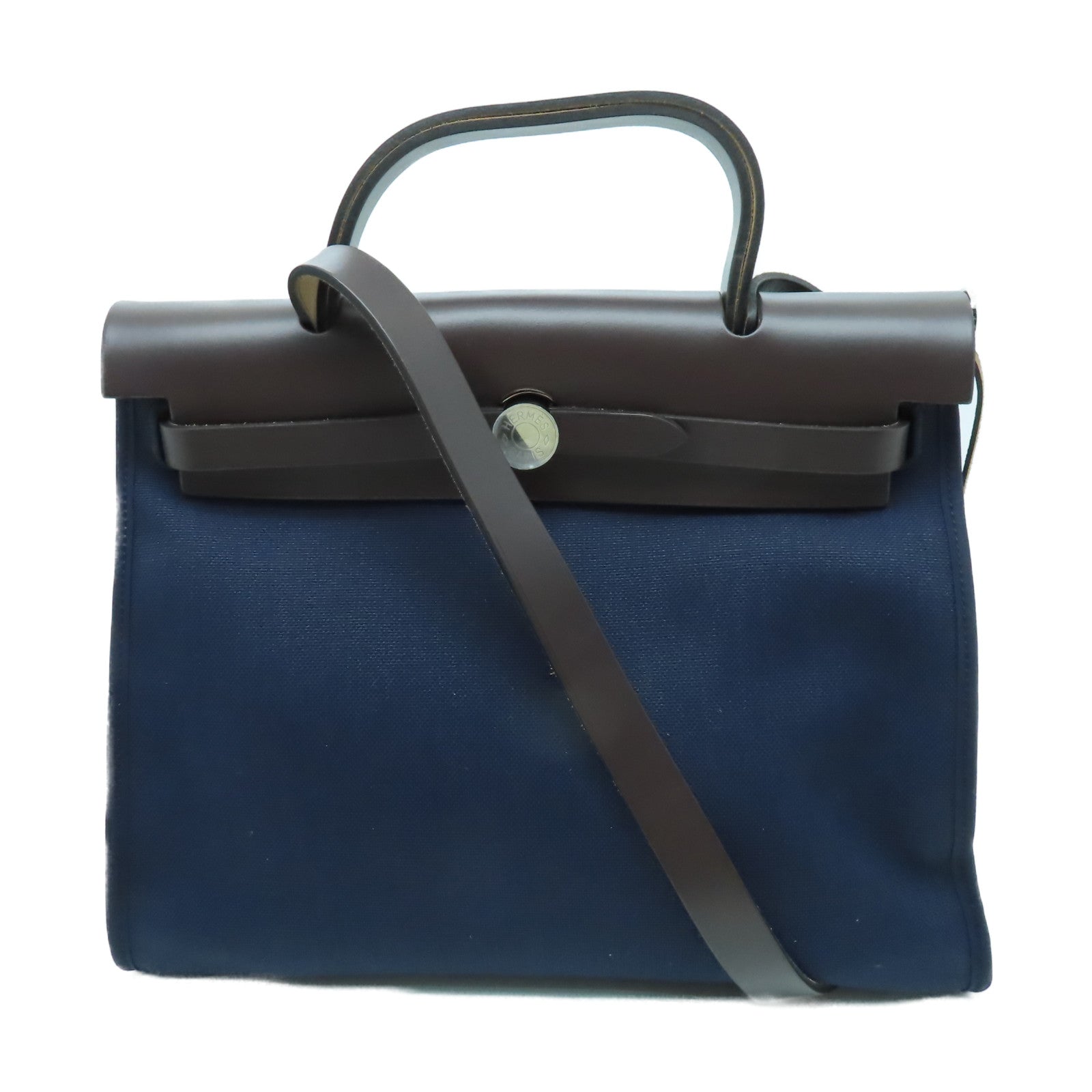 HERMES 帆布Herbag PM銀扣手挽肩背兩用袋海軍藍