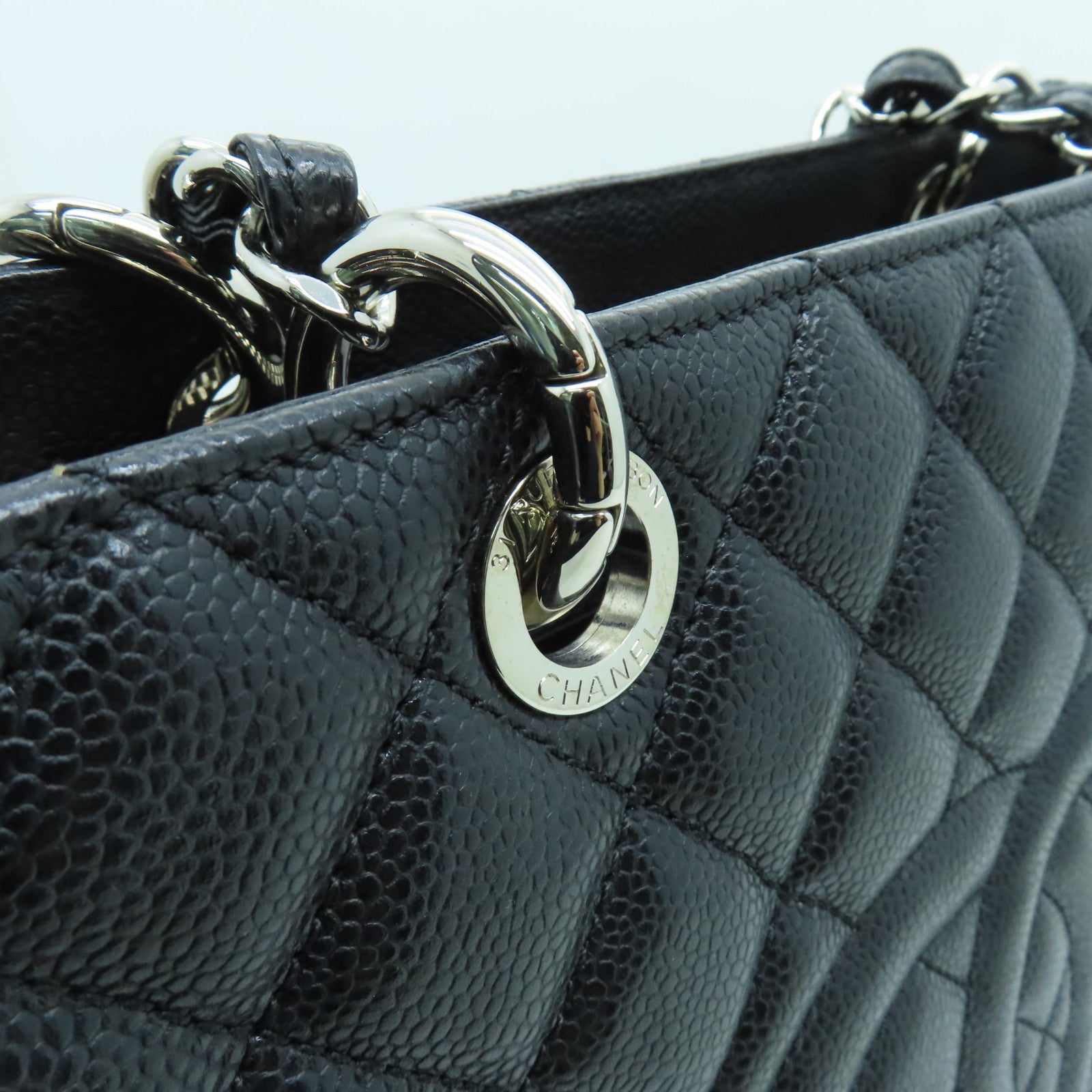 CHANEL 菱格Caviar皮革GST銀扣鏈帶肩背袋黑色