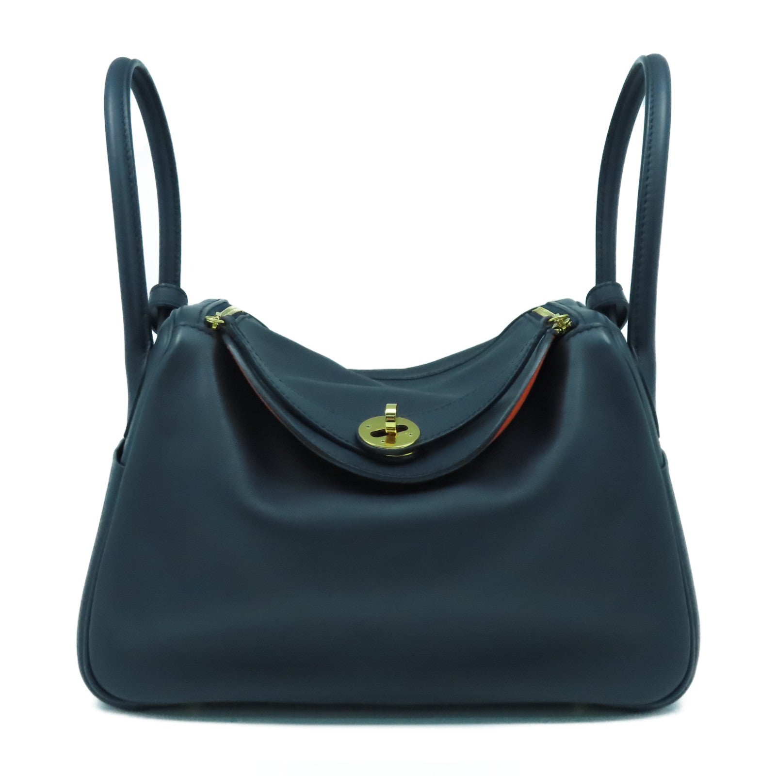 HERMES Swift皮革Lindy 26金扣手挽肩背兩用袋Bleu Indigo靛藍色