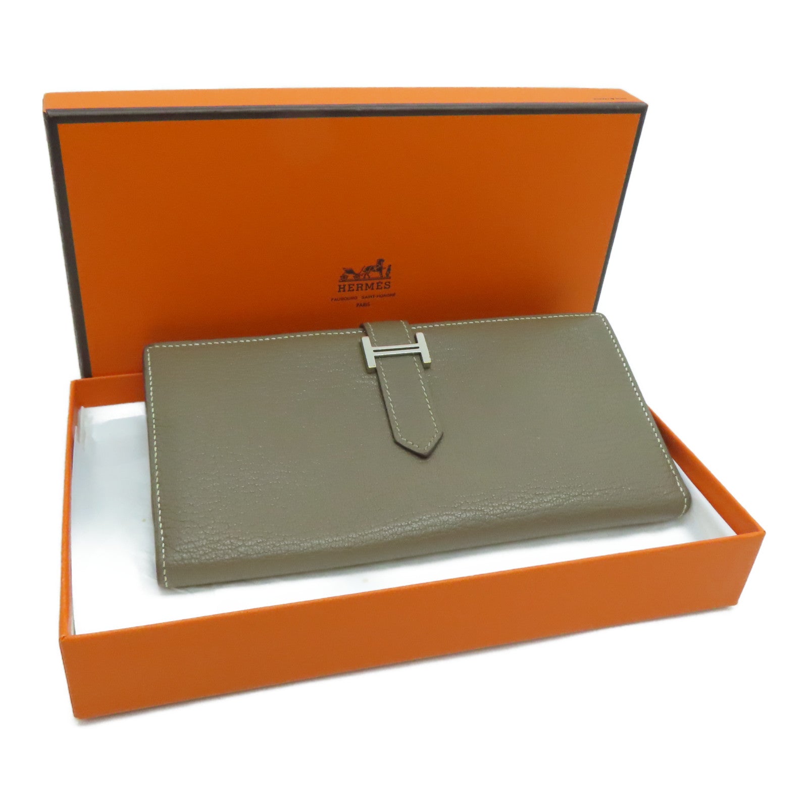 HERMES 【激減優惠】Chevre皮革Bearn Wallet銀扣長錢包灰色