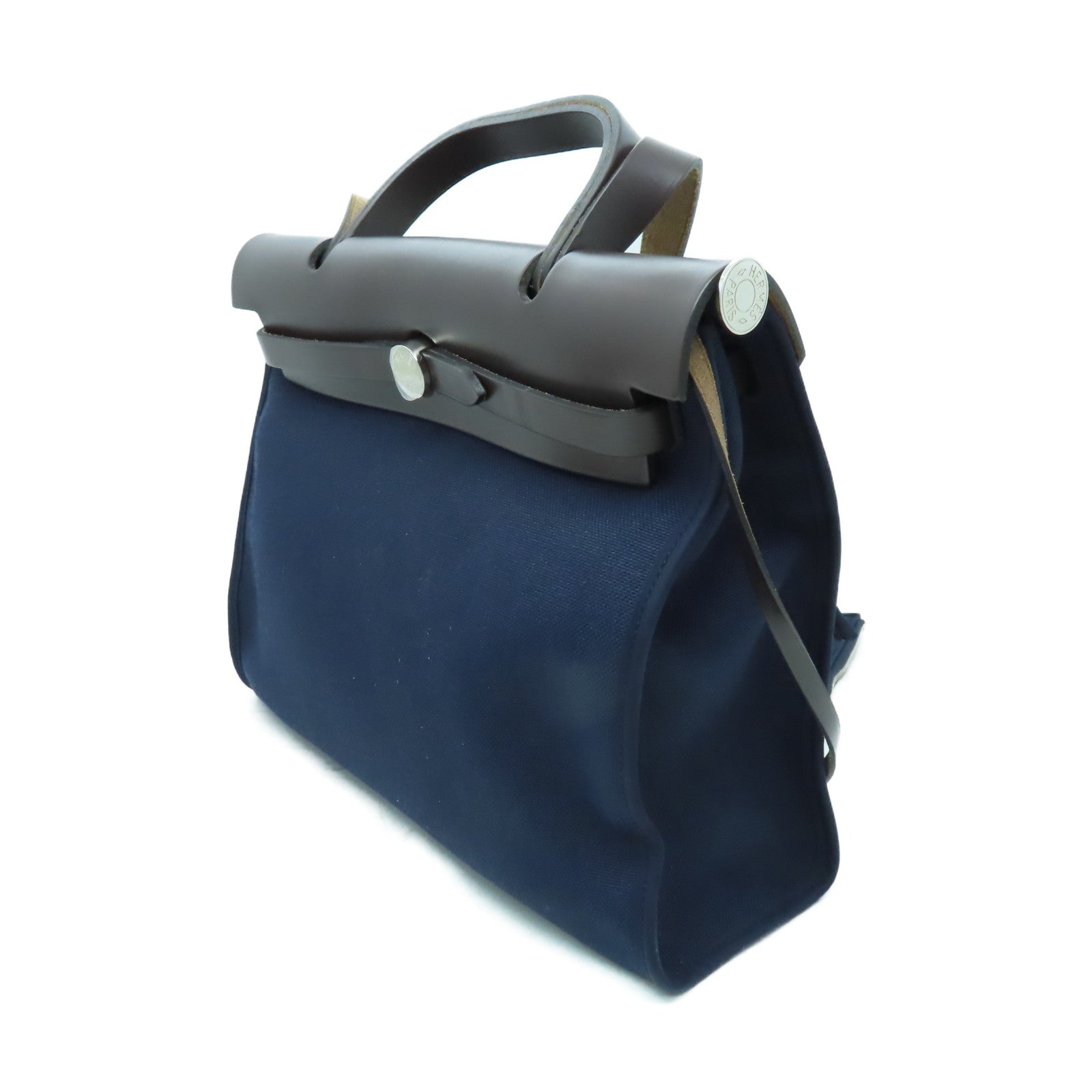 HERMES 帆布Herbag PM銀扣手挽肩背兩用袋海軍藍