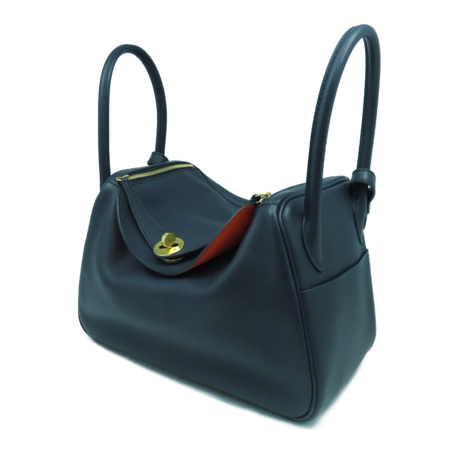 HERMES Swift皮革Lindy 26金扣手挽肩背兩用袋Bleu Indigo靛藍色