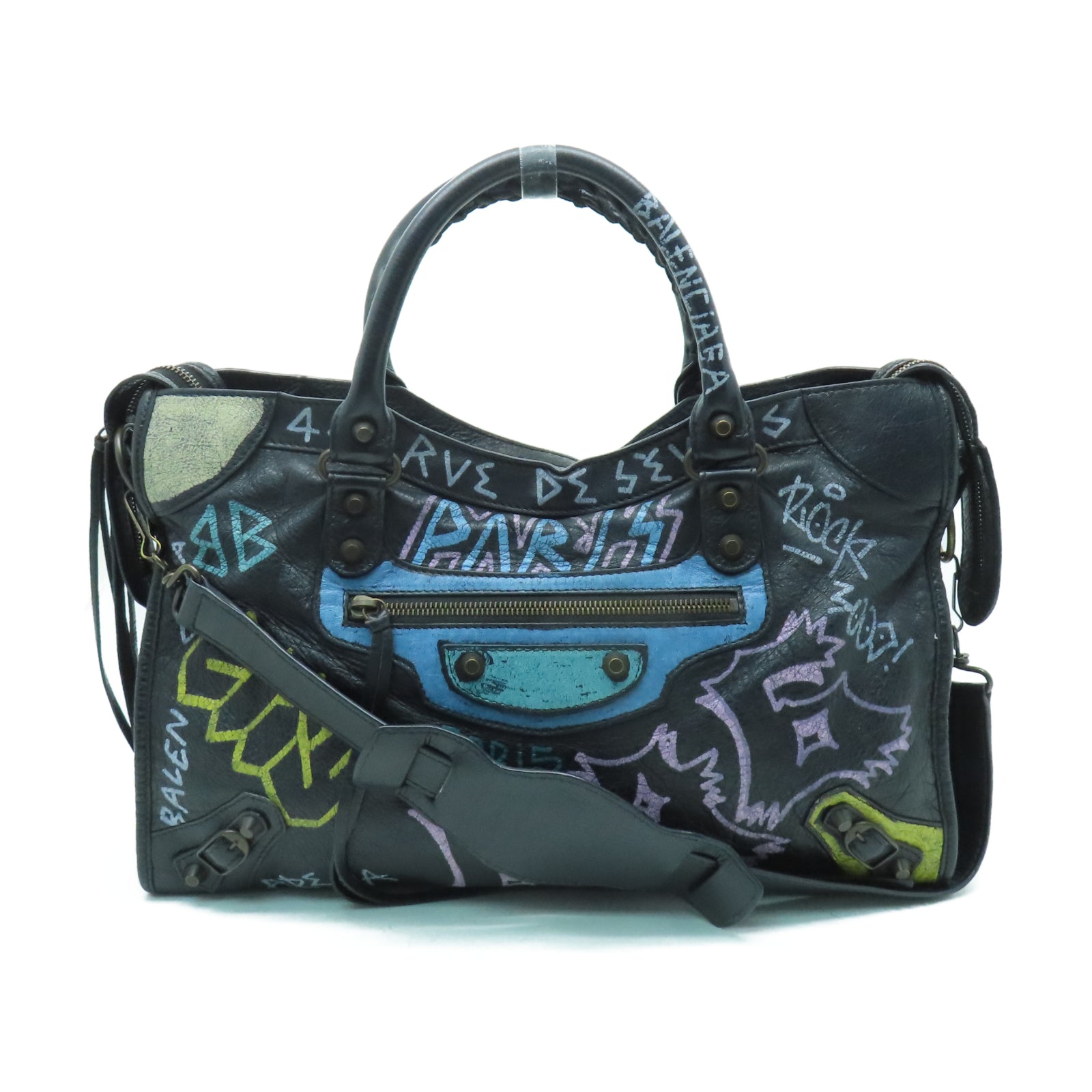 BALENCIAGA 牛皮皮革City Classic Graffiti Bag手挽肩背兩用袋黑色
