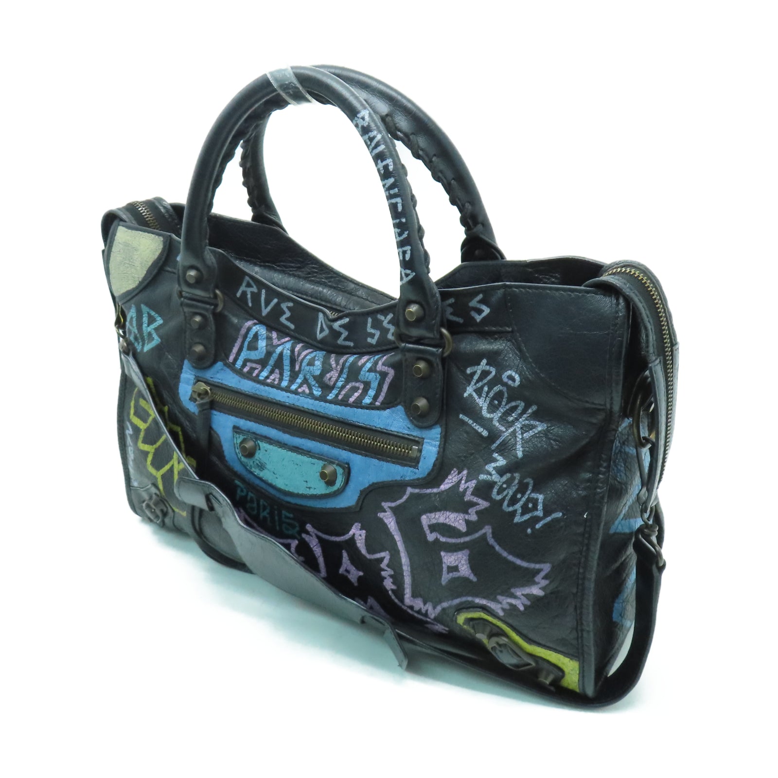 BALENCIAGA 牛皮皮革City Classic Graffiti Bag手挽肩背兩用袋黑色