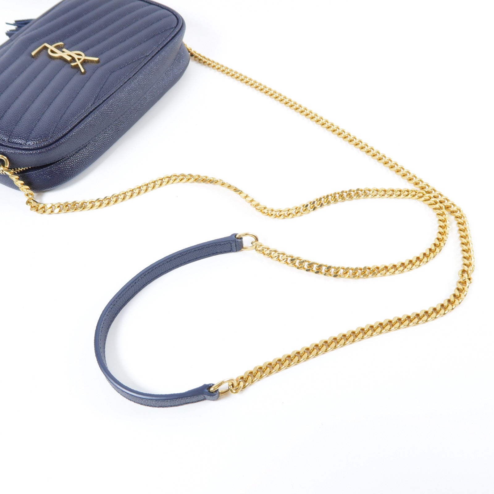 SAINT LAURENT 斜紋牛皮皮革Lou Mini金扣鏈帶肩背袋深藍色