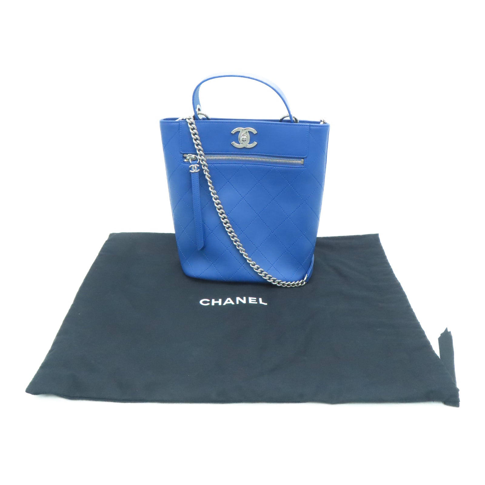 CHANEL 菱格牛皮皮革Chain Shoulder银扣链带手挽肩背两用袋蓝色