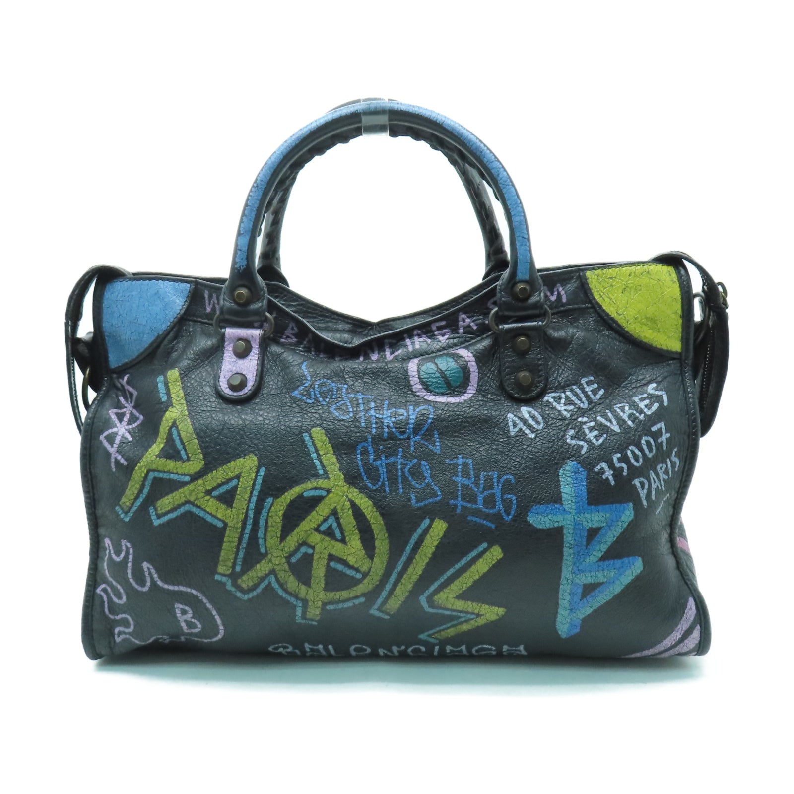BALENCIAGA 牛皮皮革City Classic Graffiti Bag手挽肩背兩用袋黑色