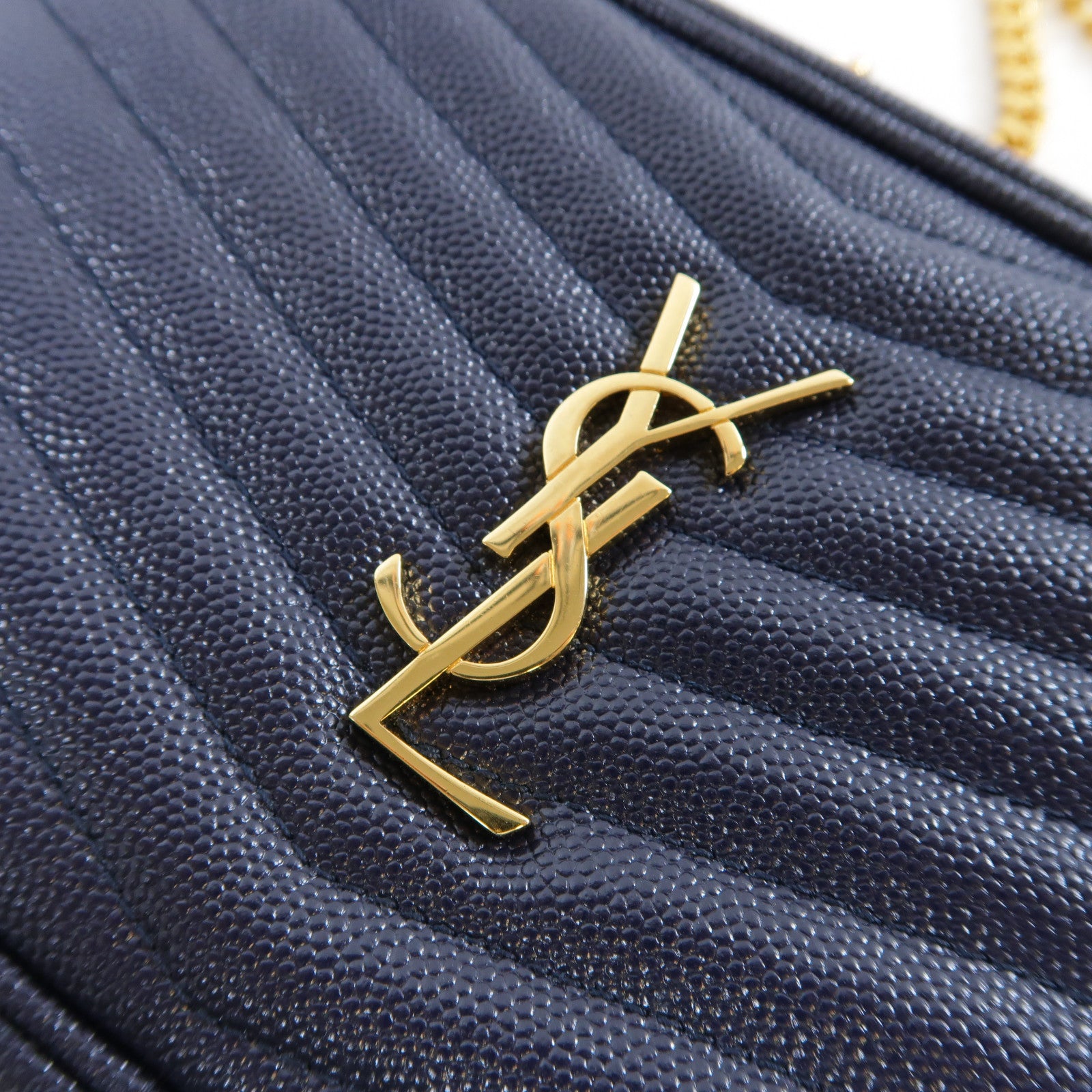 SAINT LAURENT 斜紋牛皮皮革Lou Mini金扣鏈帶肩背袋深藍色