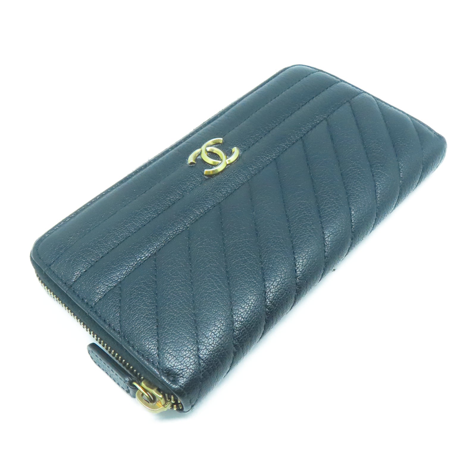 CHANEL 牛皮皮革Long Wallet金扣長錢包黑色