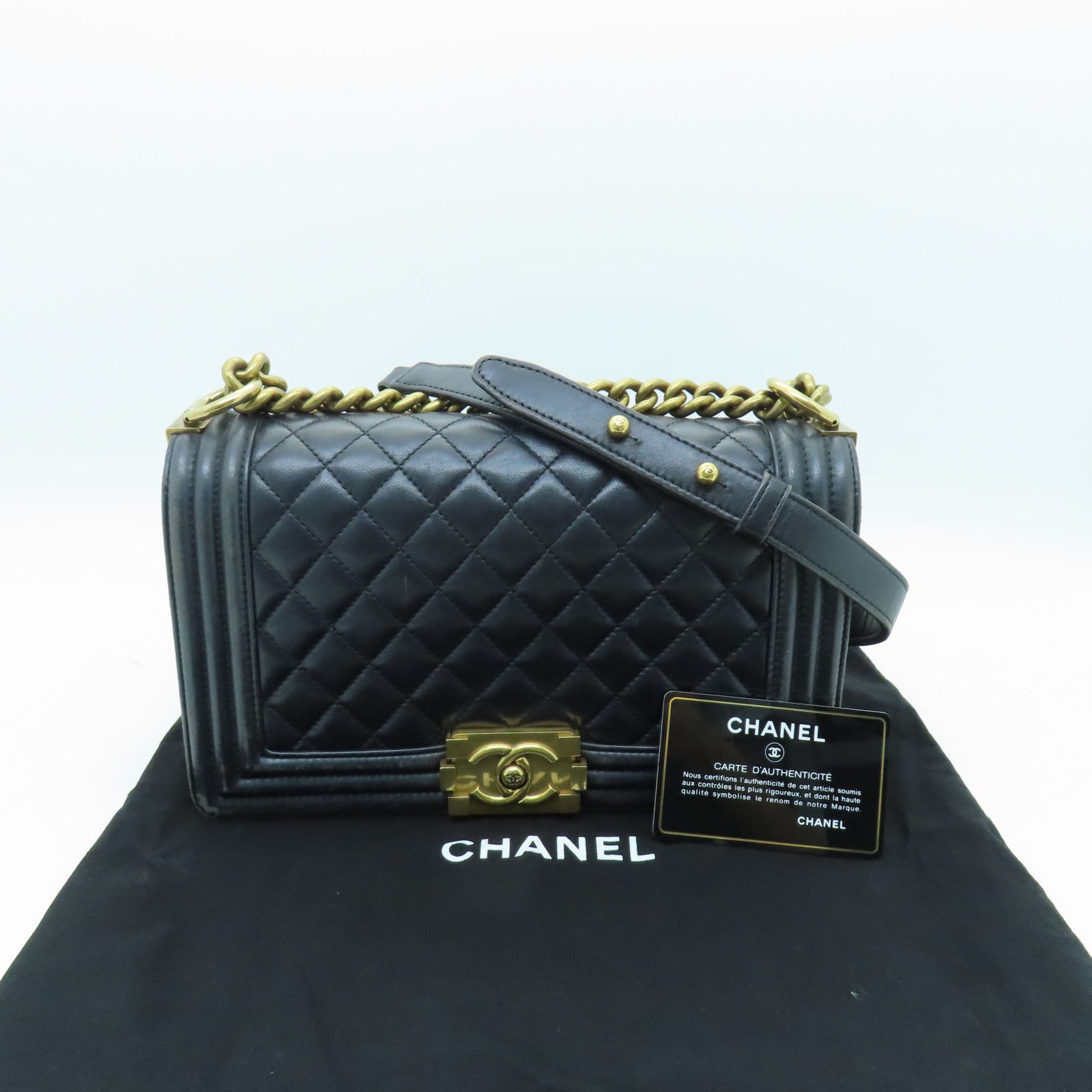 CHANEL 菱格羊皮皮革Boy Chanel 25金扣鏈帶肩背袋黑色