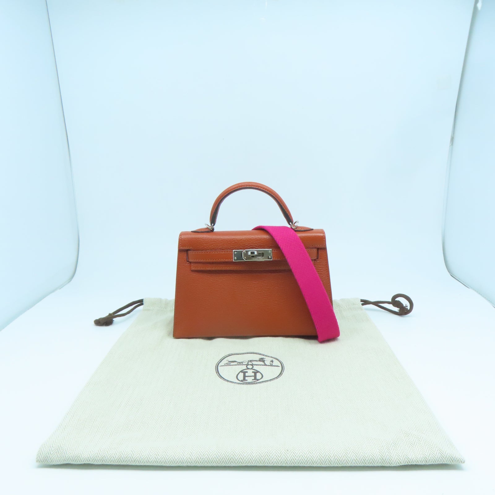 HERMES Chevre皮革Mini Kelly銀扣手挽肩背兩用袋Cuivre南瓜色
