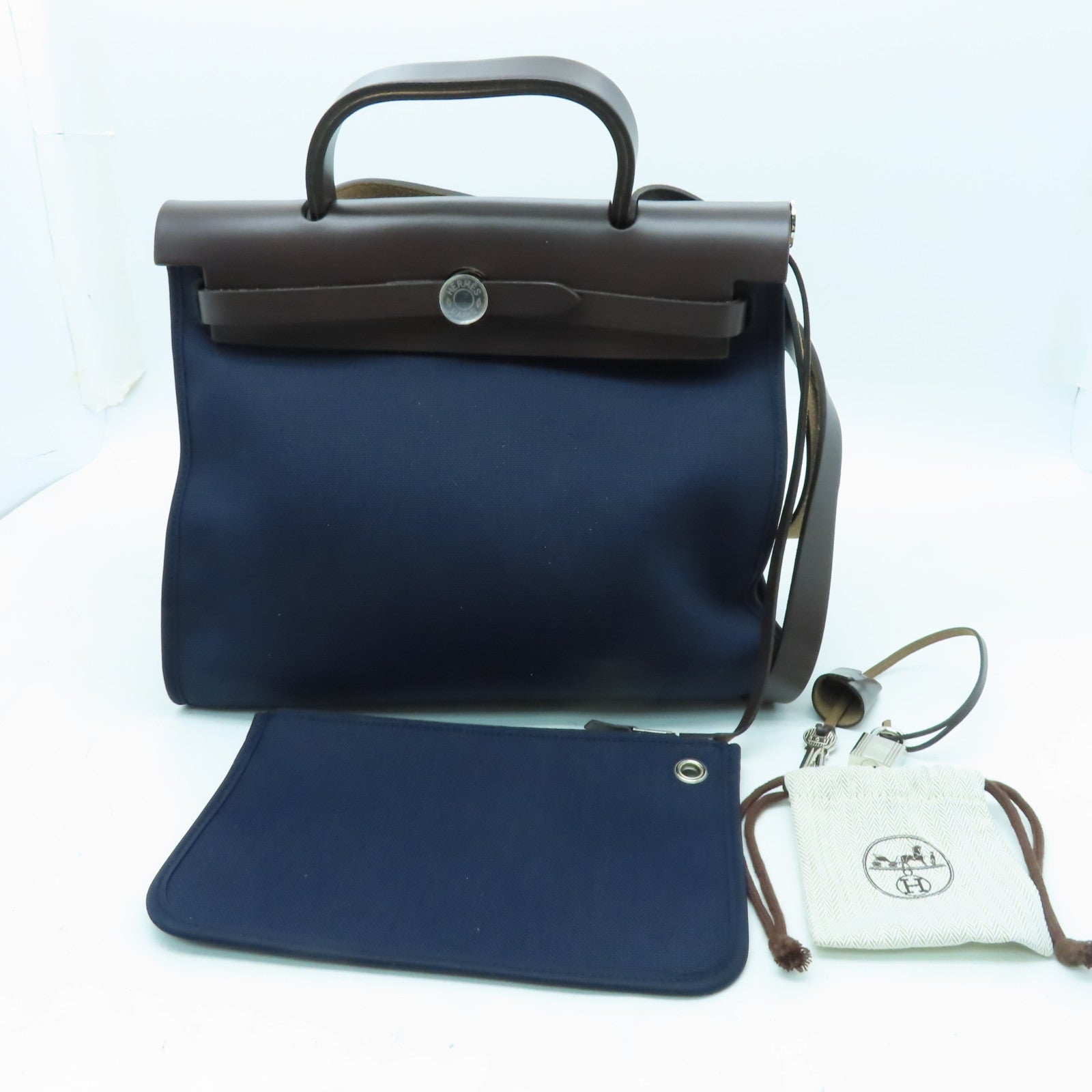 HERMES 帆布Herbag PM銀扣手挽肩背兩用袋海軍藍