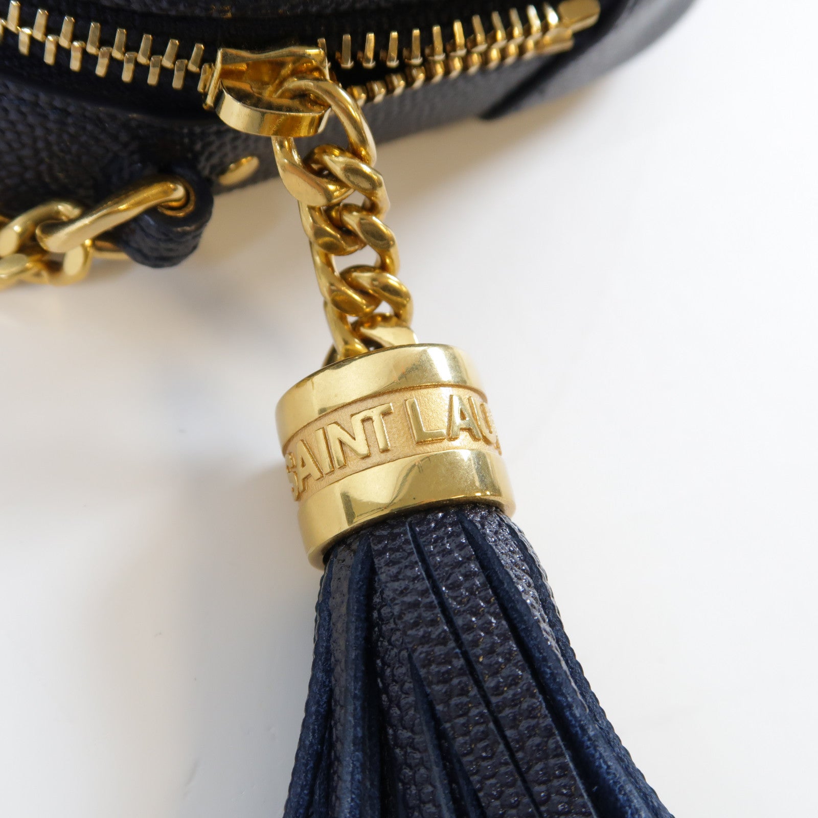 SAINT LAURENT 斜紋牛皮皮革Lou Mini金扣鏈帶肩背袋深藍色