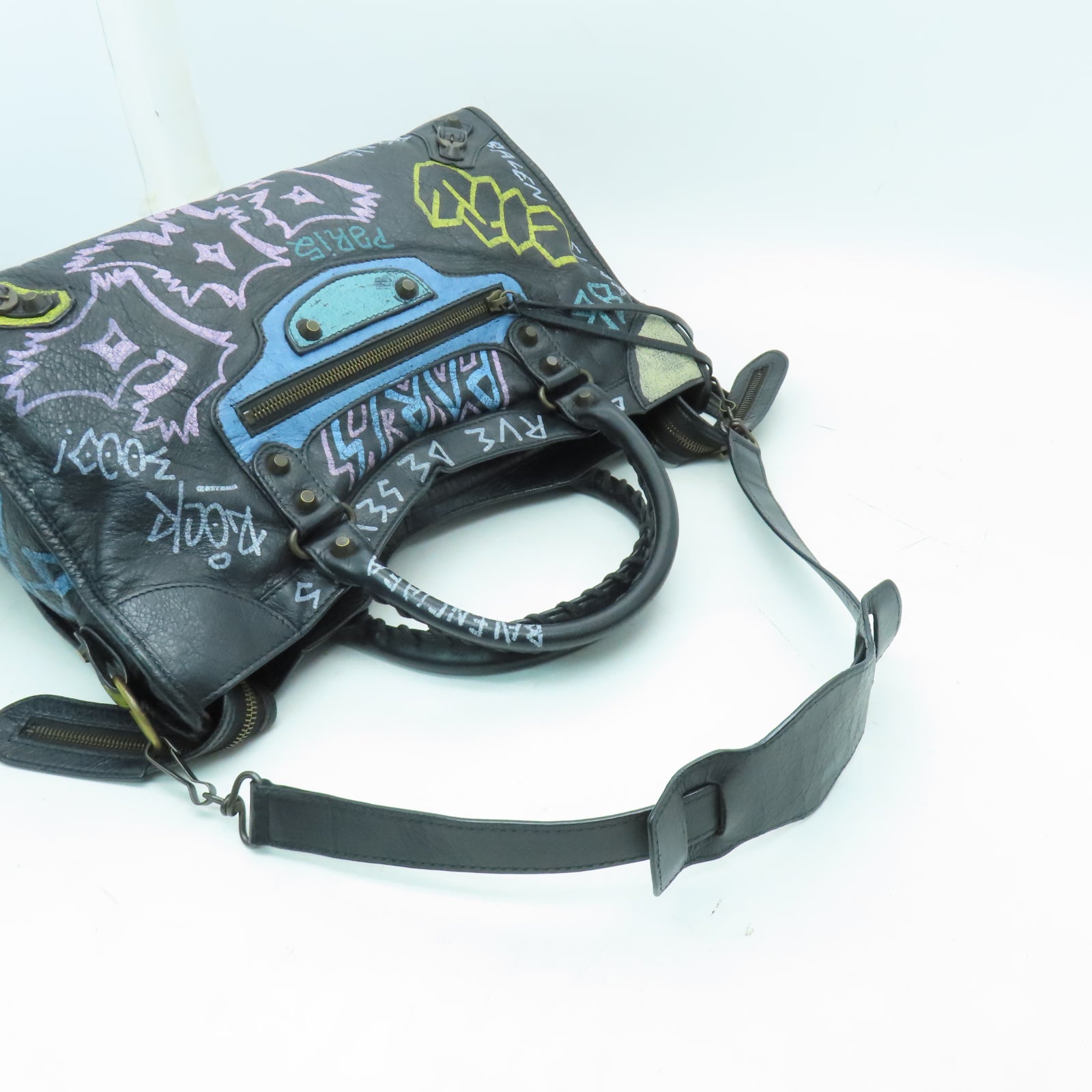 BALENCIAGA 牛皮皮革City Classic Graffiti Bag手挽肩背兩用袋黑色