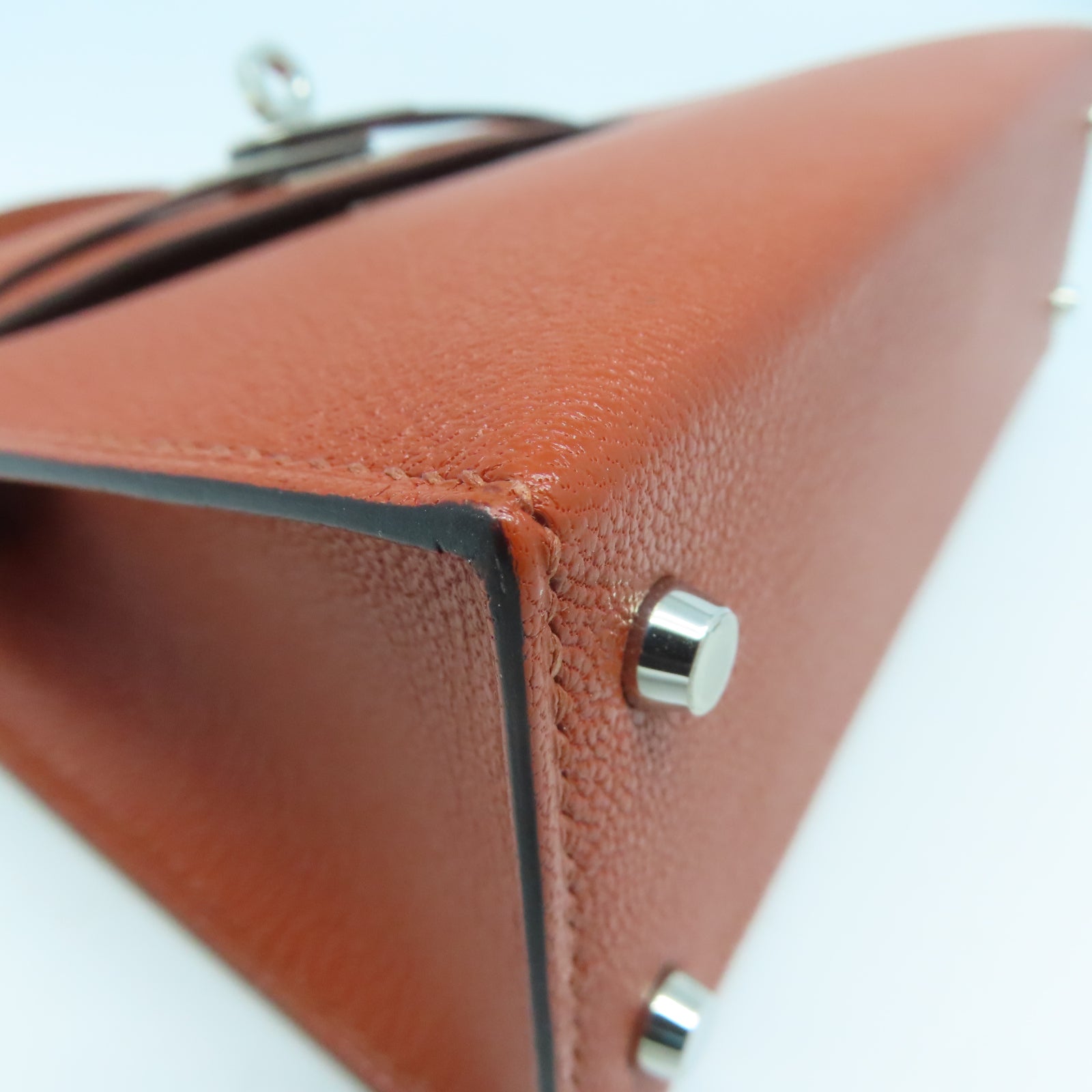 HERMES Chevre皮革Mini Kelly銀扣手挽肩背兩用袋Cuivre南瓜色