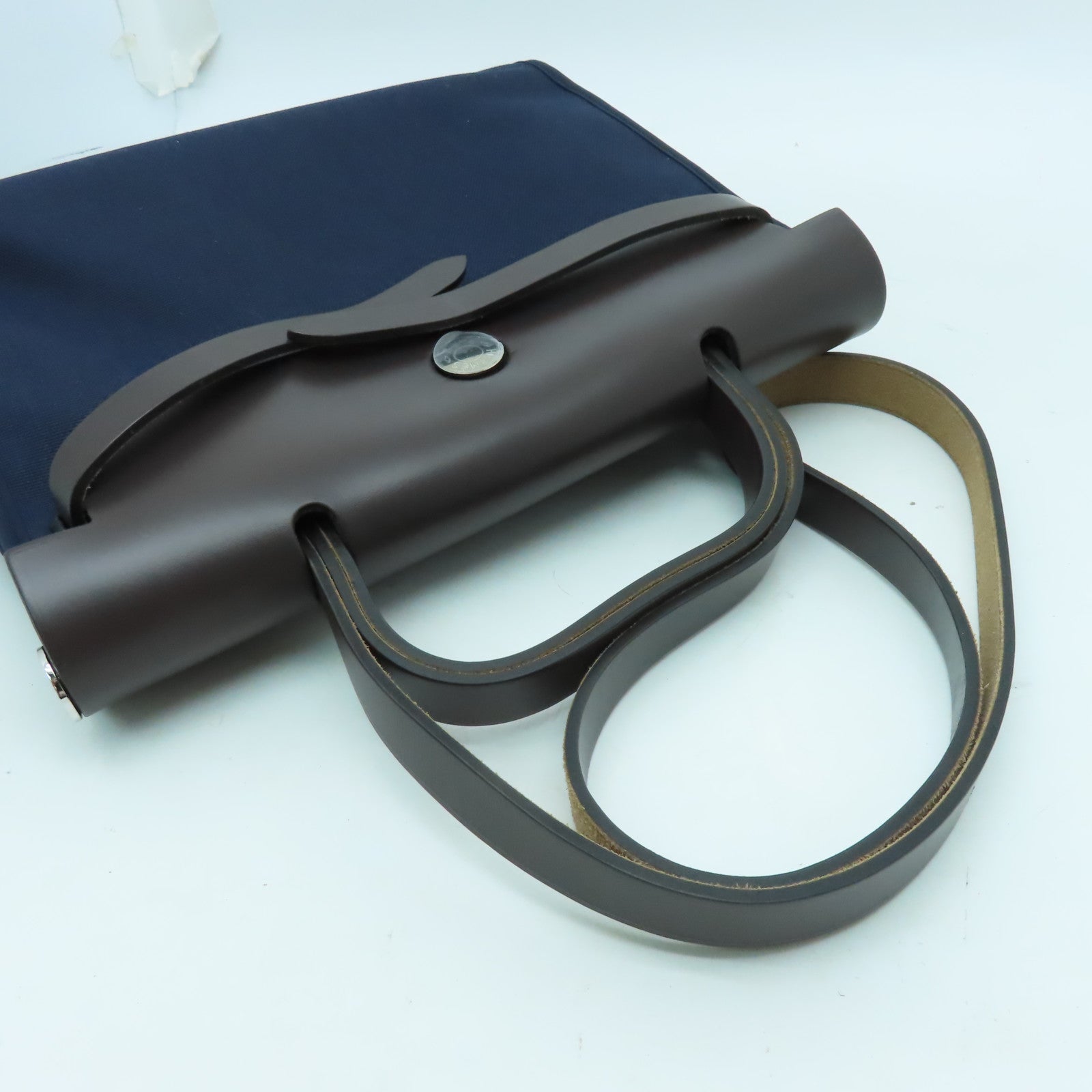 HERMES 帆布Herbag PM銀扣手挽肩背兩用袋海軍藍