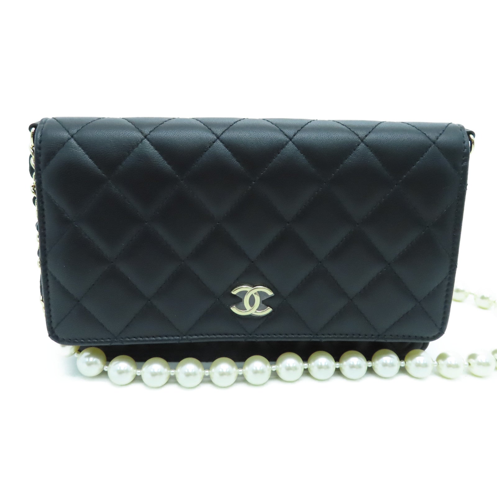 CHANEL 菱格羊皮皮革Chain Shoulder Bag金扣鏈帶肩背袋黑色