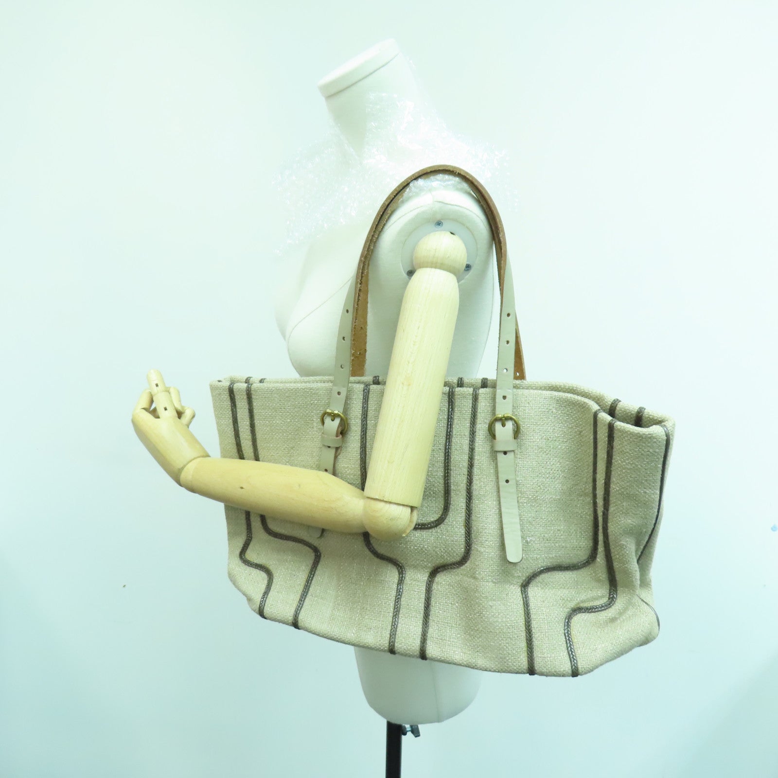 BOTTEGA VENETA 麻質Shoulder Bag金扣肩背袋米色