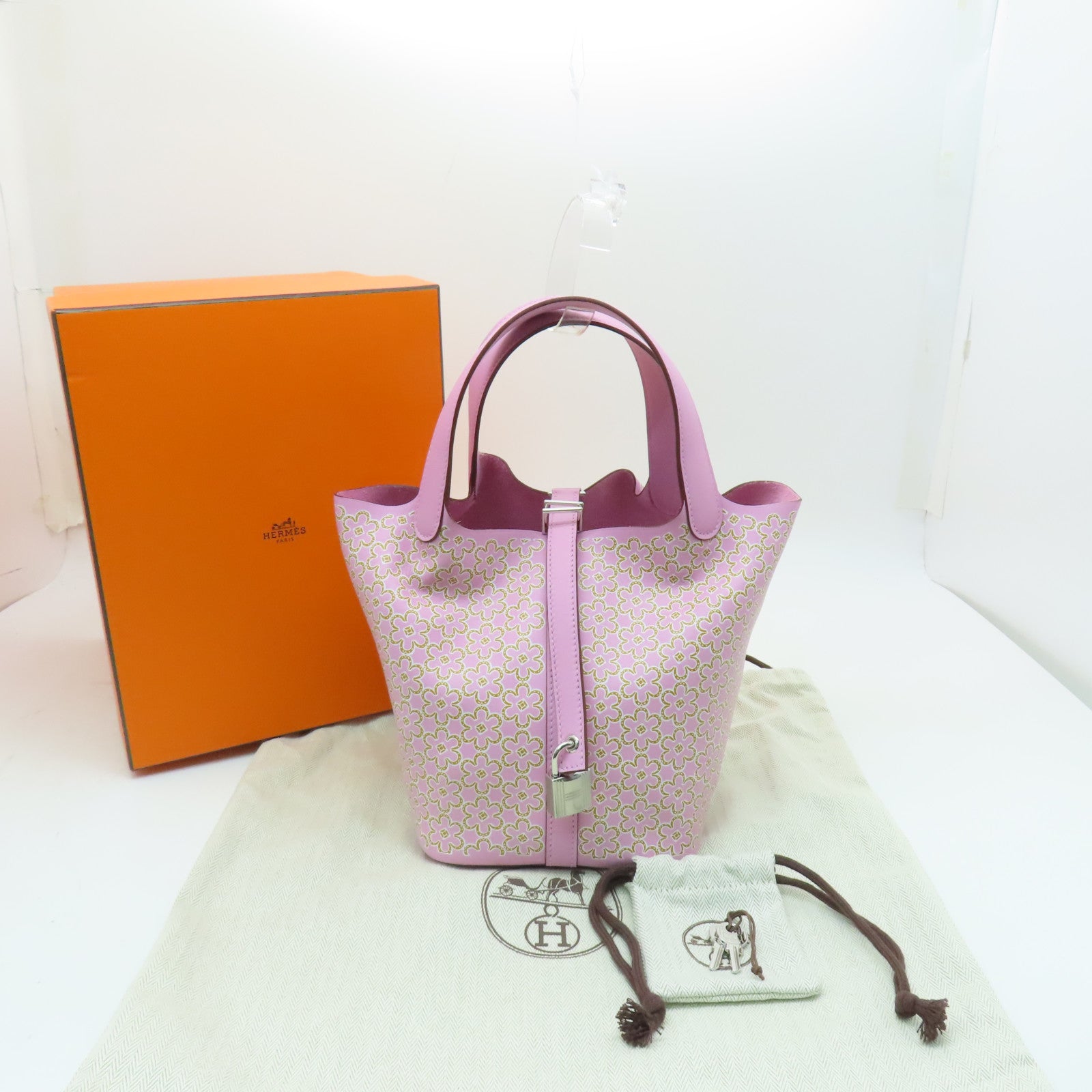 HERMES 【激減優惠】Swift皮革Picotin Lucky Daisy PM銀扣手挽袋粉紅色