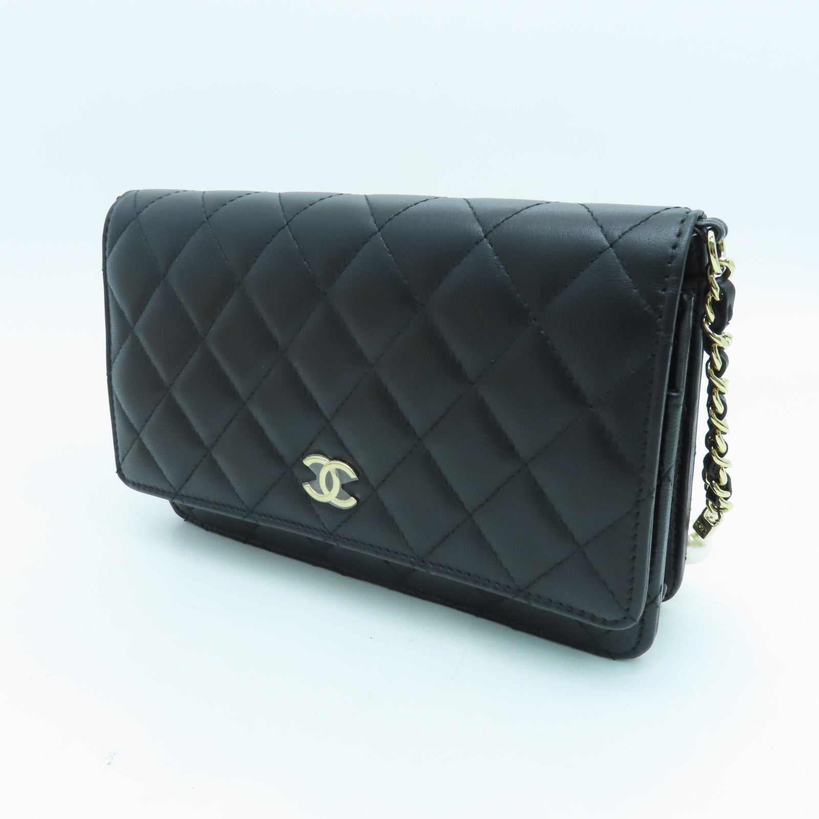 CHANEL 菱格羊皮皮革Chain Shoulder Bag金扣鏈帶肩背袋黑色