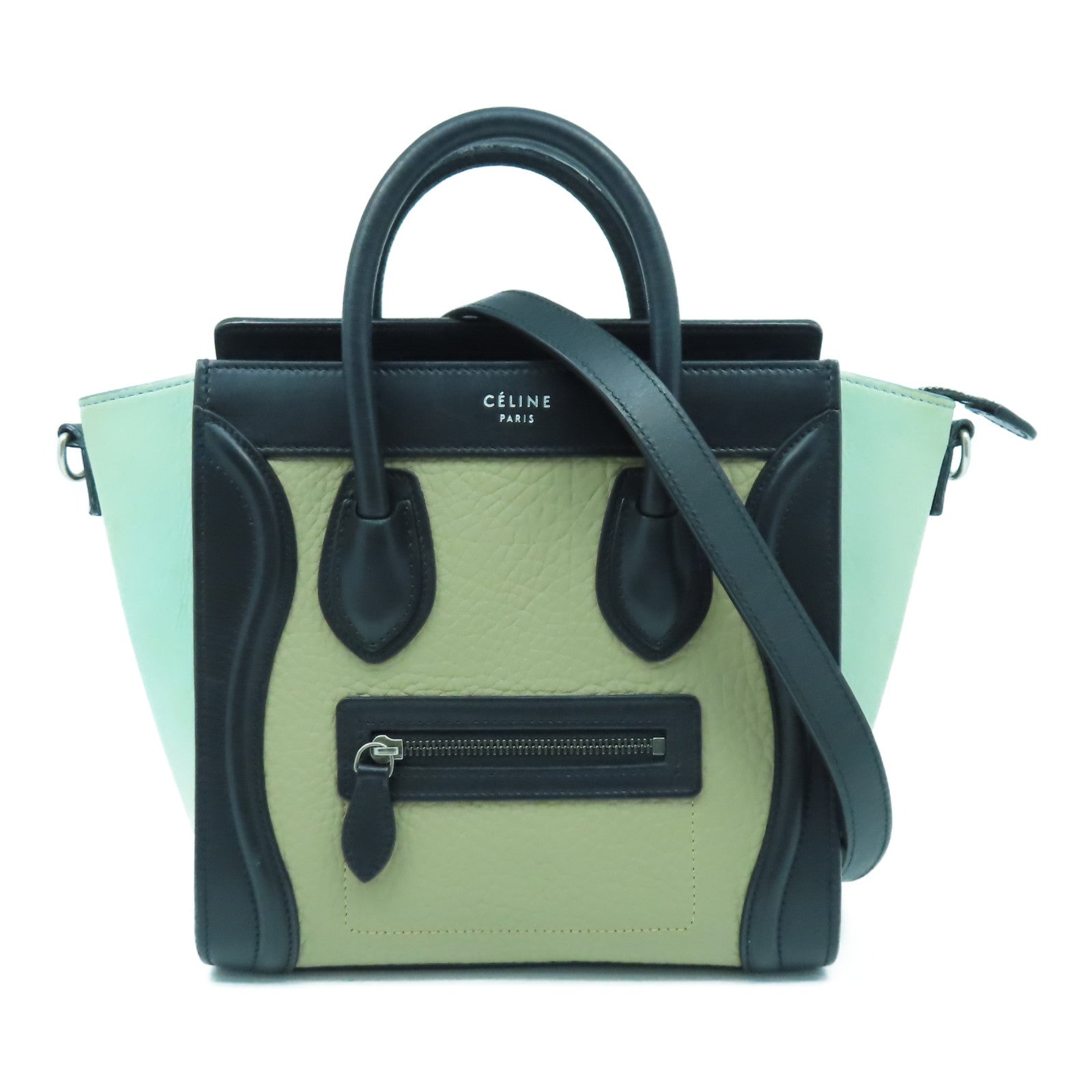 CELINE 牛皮皮革Nano Luggage銀扣手挽肩背兩用袋黑色/卡其色/綠色