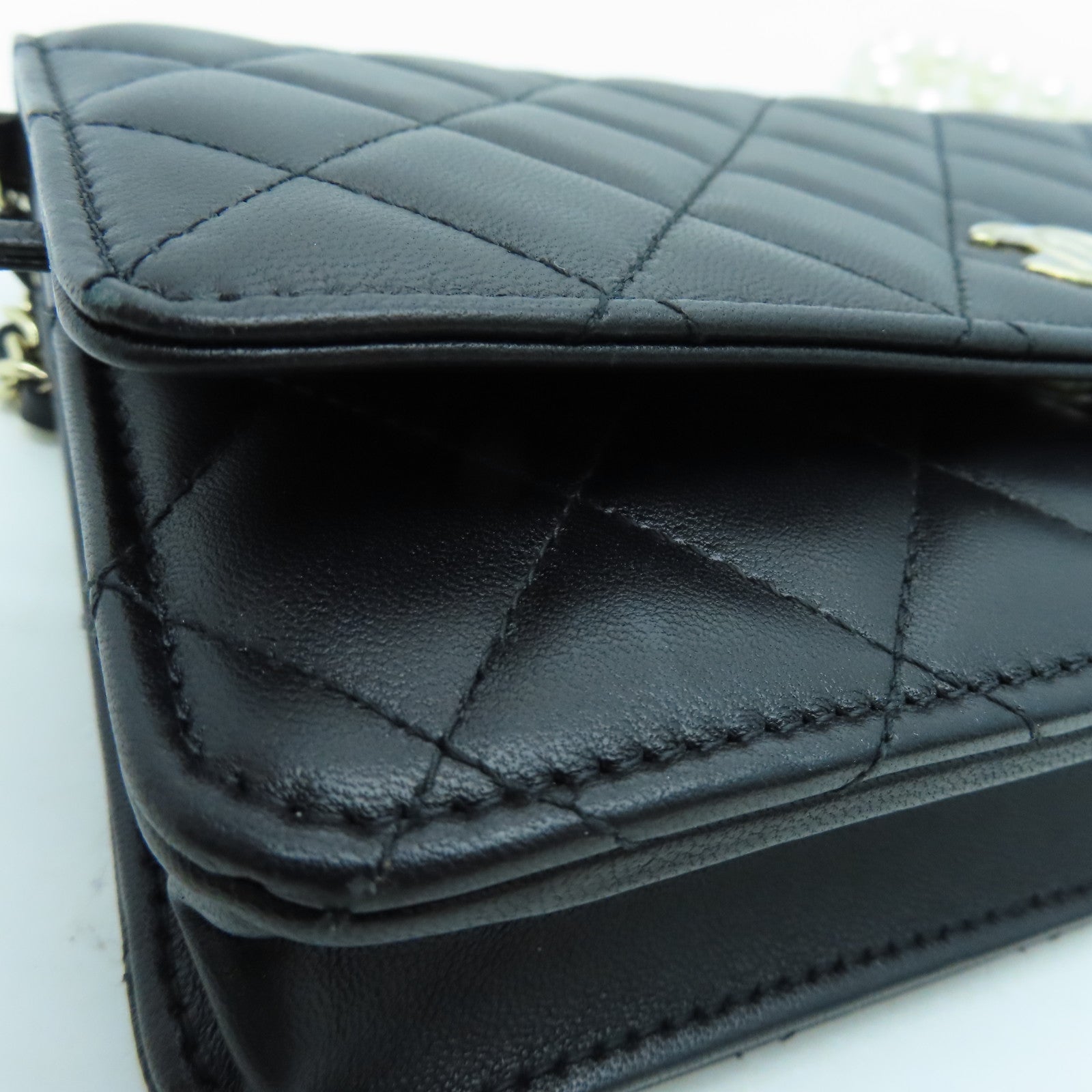 CHANEL 菱格羊皮皮革Chain Shoulder Bag金扣鏈帶肩背袋黑色