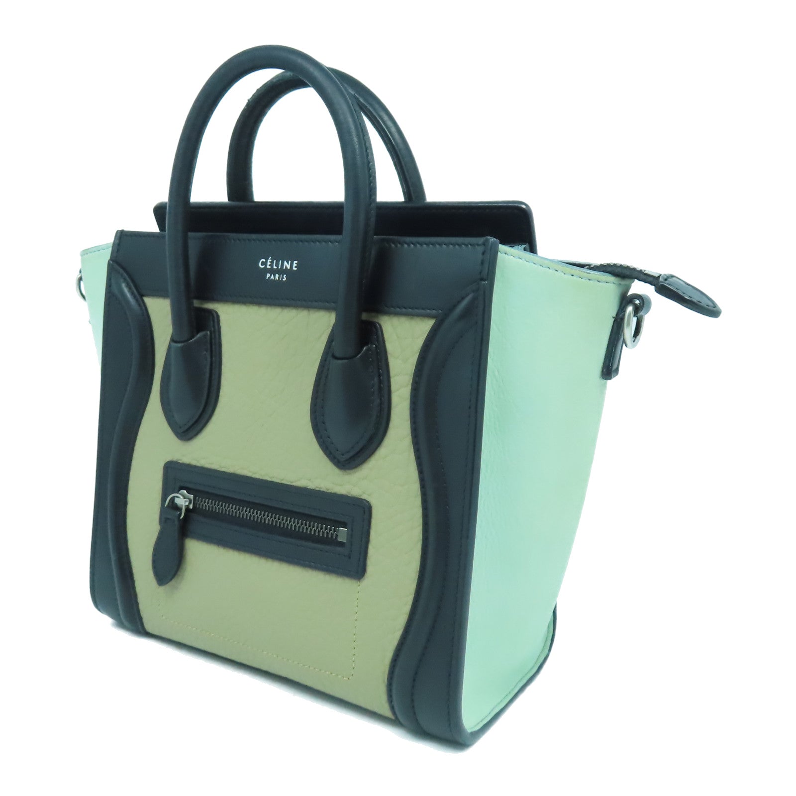 CELINE 牛皮皮革Nano Luggage銀扣手挽肩背兩用袋黑色/卡其色/綠色