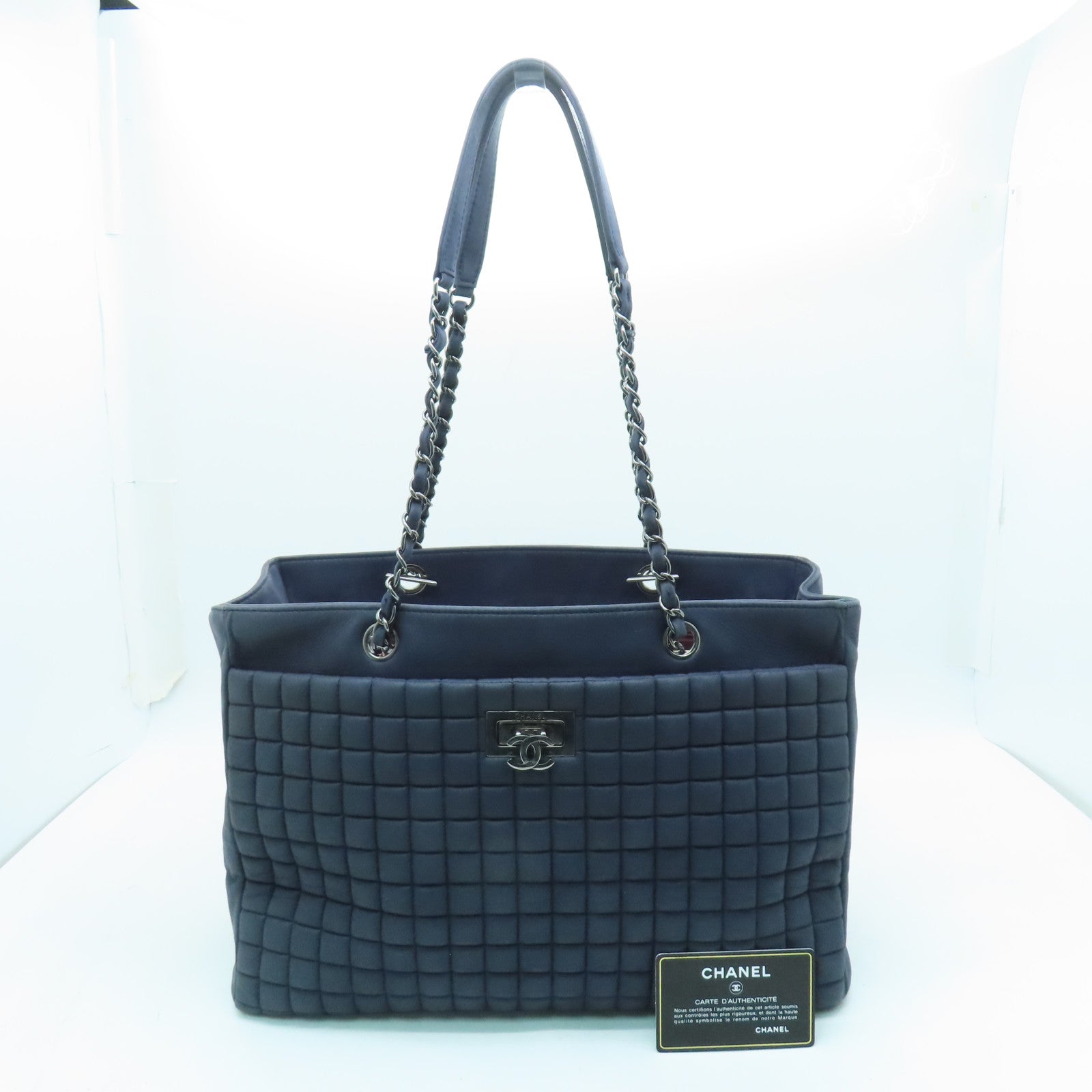 CHANEL 【激減優惠】牛皮皮革Chian Shoulder Bag銀扣鏈帶肩背袋深藍色