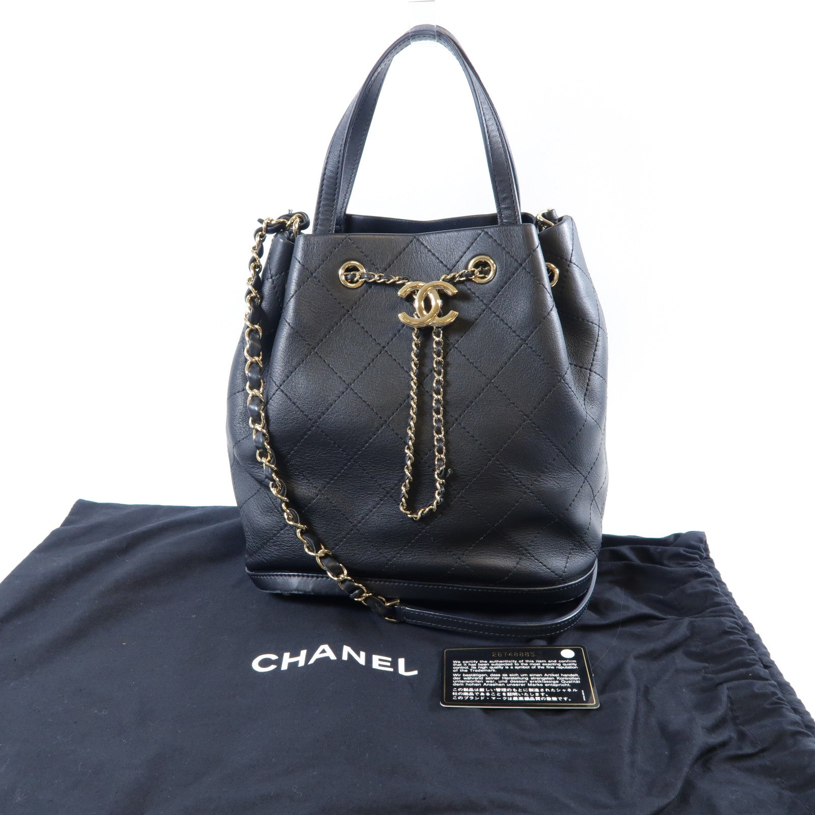 CHANEL 菱格牛皮皮革Chain Shoulder Bag金扣手挽肩背兩用袋黑色