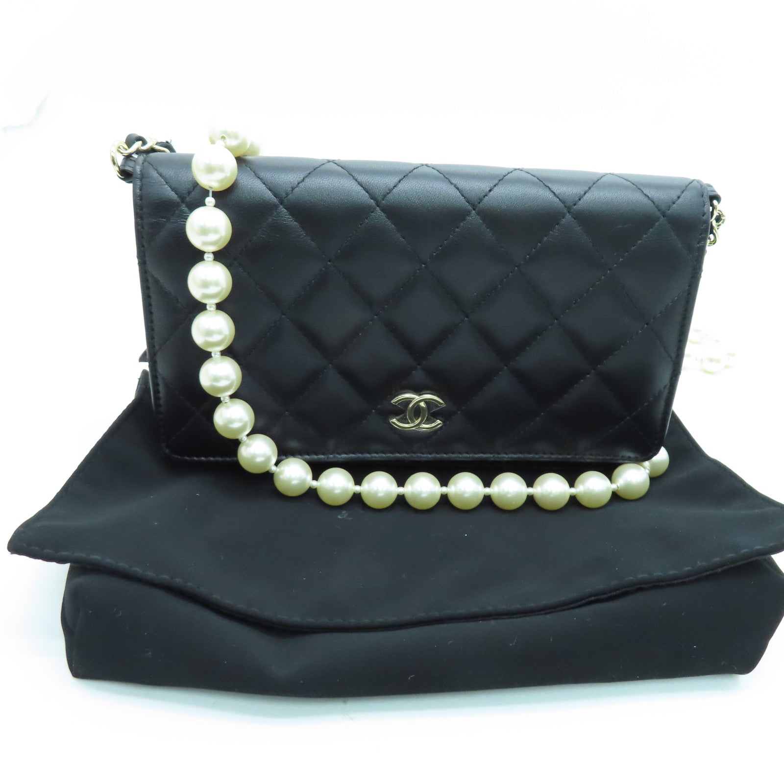 CHANEL 菱格羊皮皮革Chain Shoulder Bag金扣鏈帶肩背袋黑色