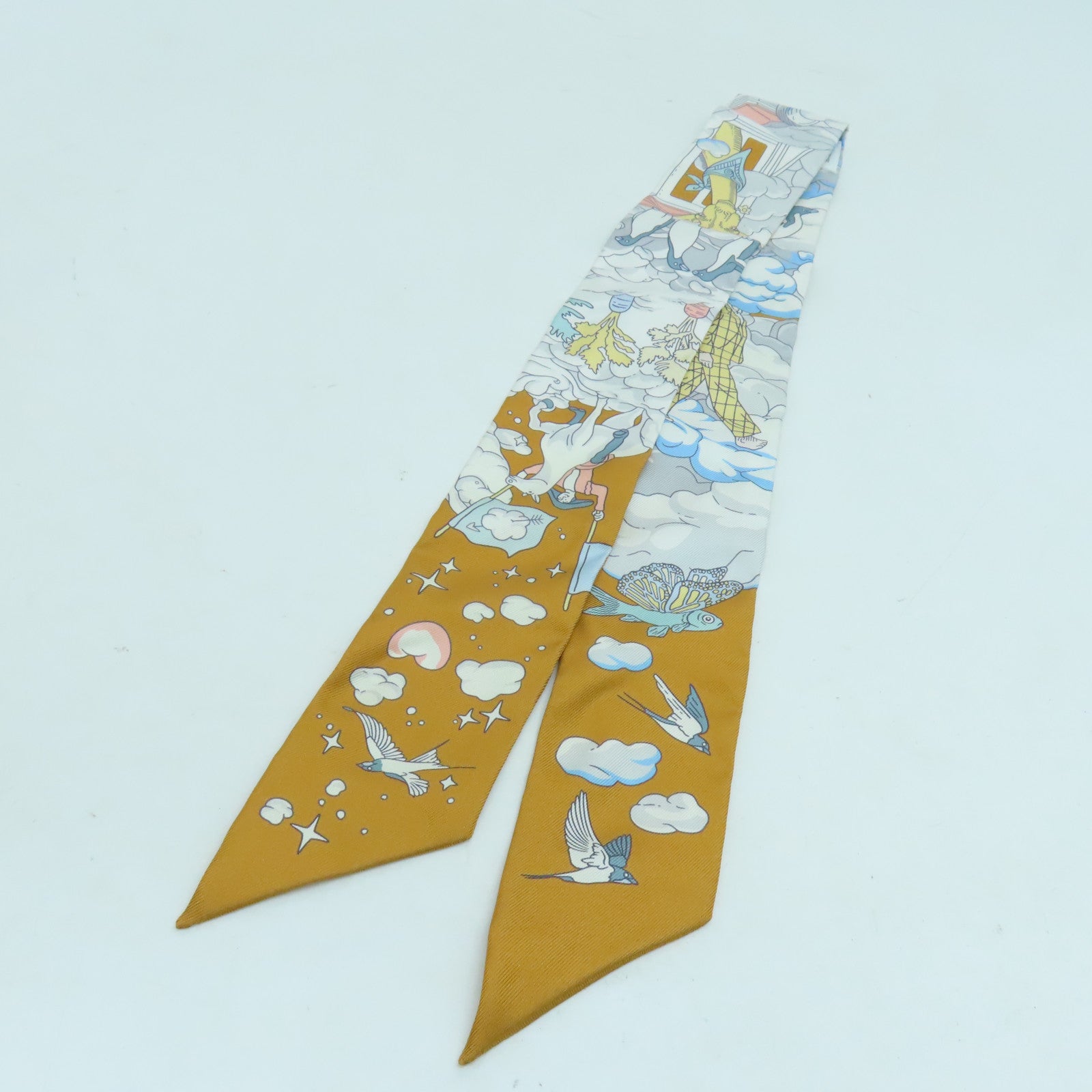 HERMES 絲質Twilly絲巾灰色/啡色