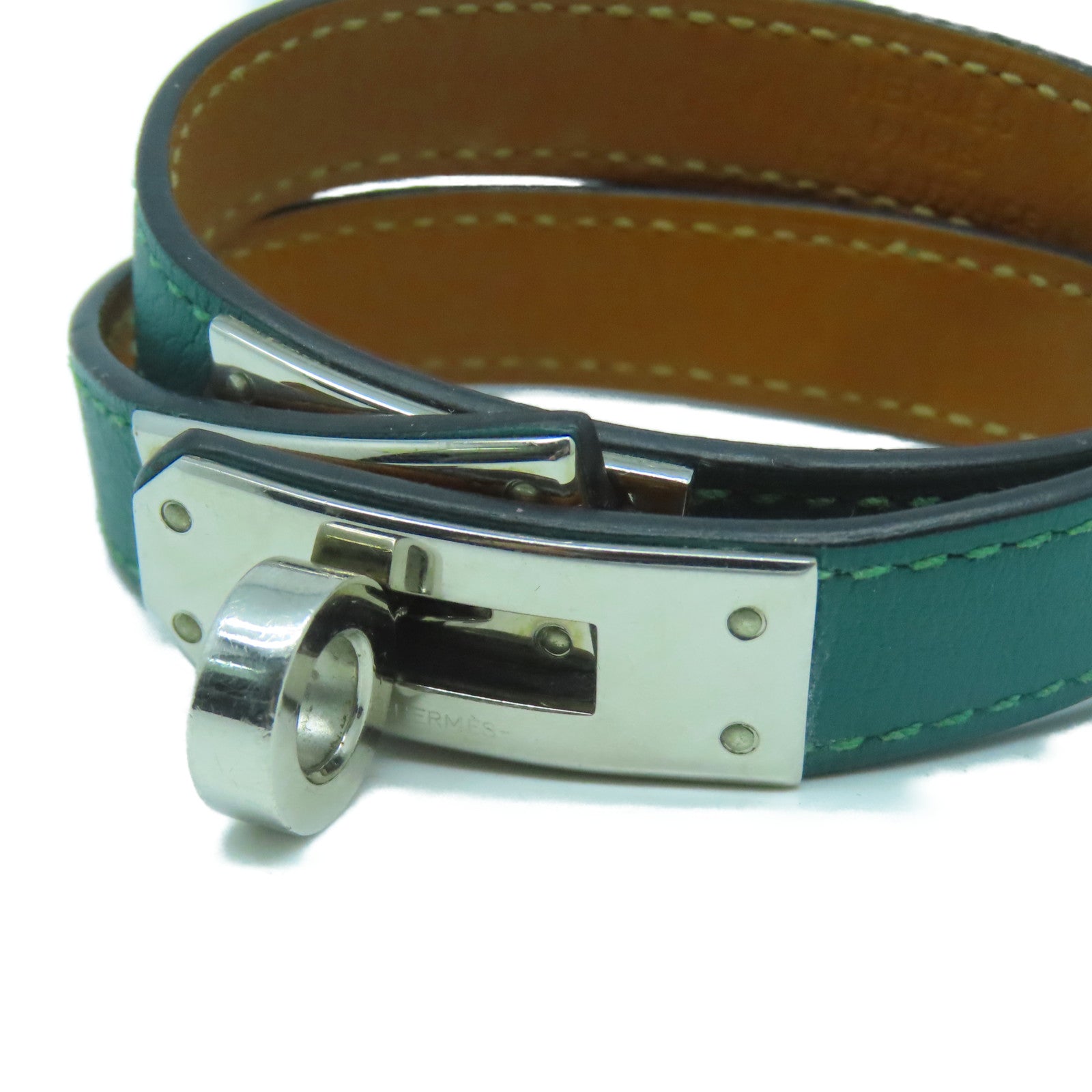 HERMES Swift皮革Kelly Double Tour銀扣手環綠色